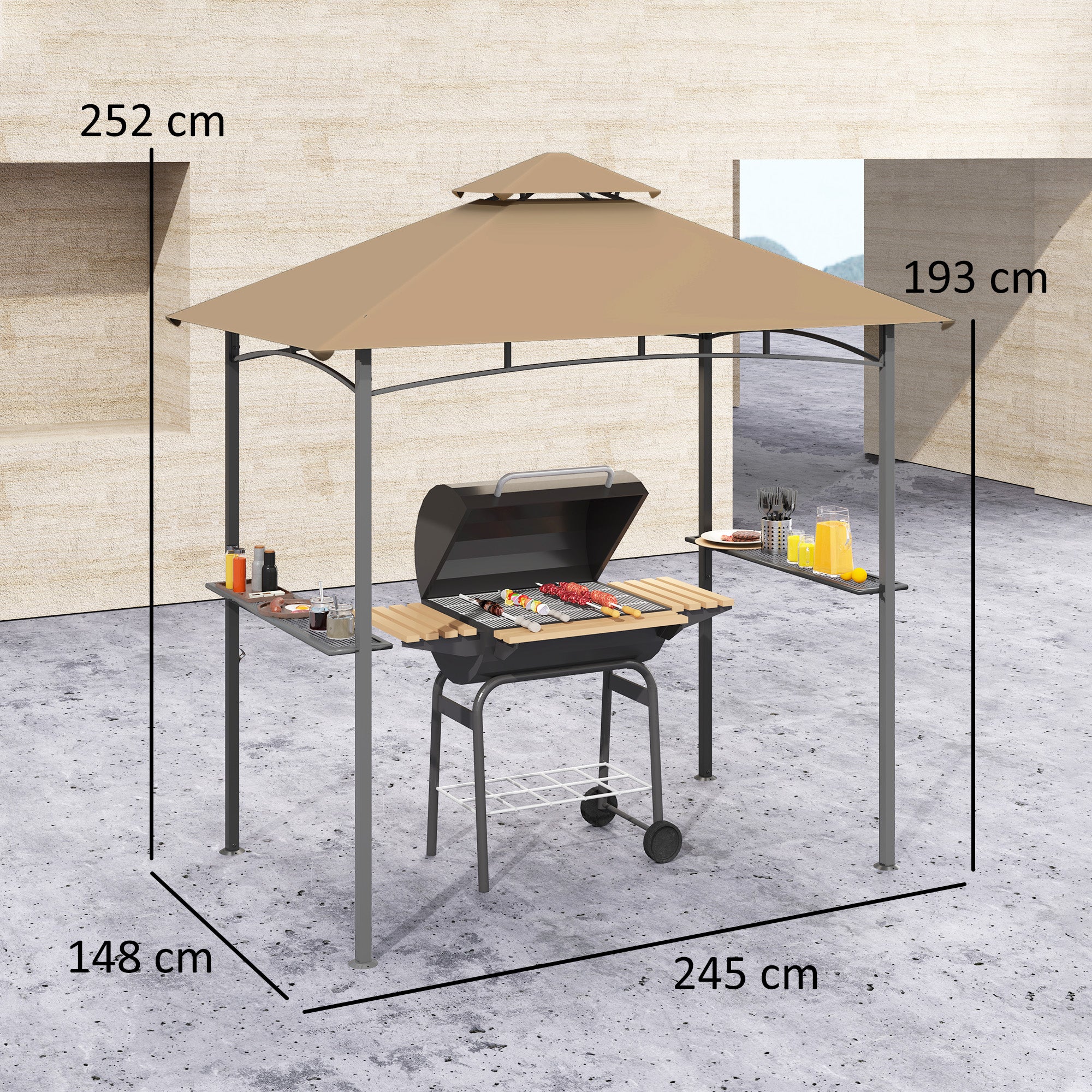 Outsunny 2.5M (8ft) New Double-Tier BBQ Gazebo Shelter Grill Canopy Barbecue Tent Shelter Patio Deck Cover - Khaki - North Peak Garden Furniture