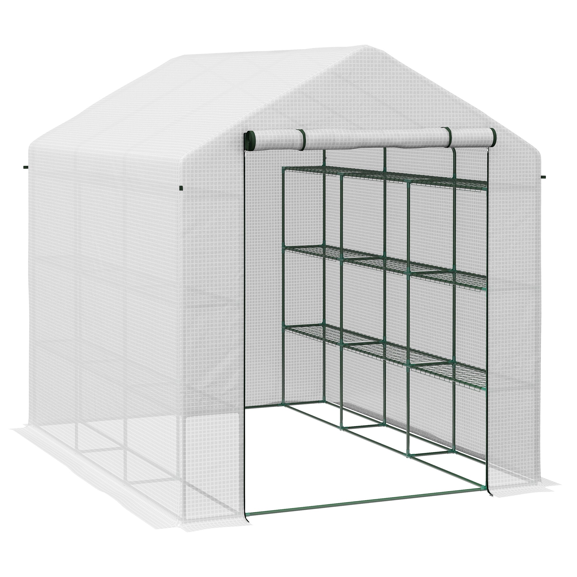 Outsunny Walk-in Greenhouse with 4 Tier 24 Shelves, Portable Grow House with Roll-up Zipped Door, 244 x 180 x 210 cm, White - North Peak Garden Furniture
