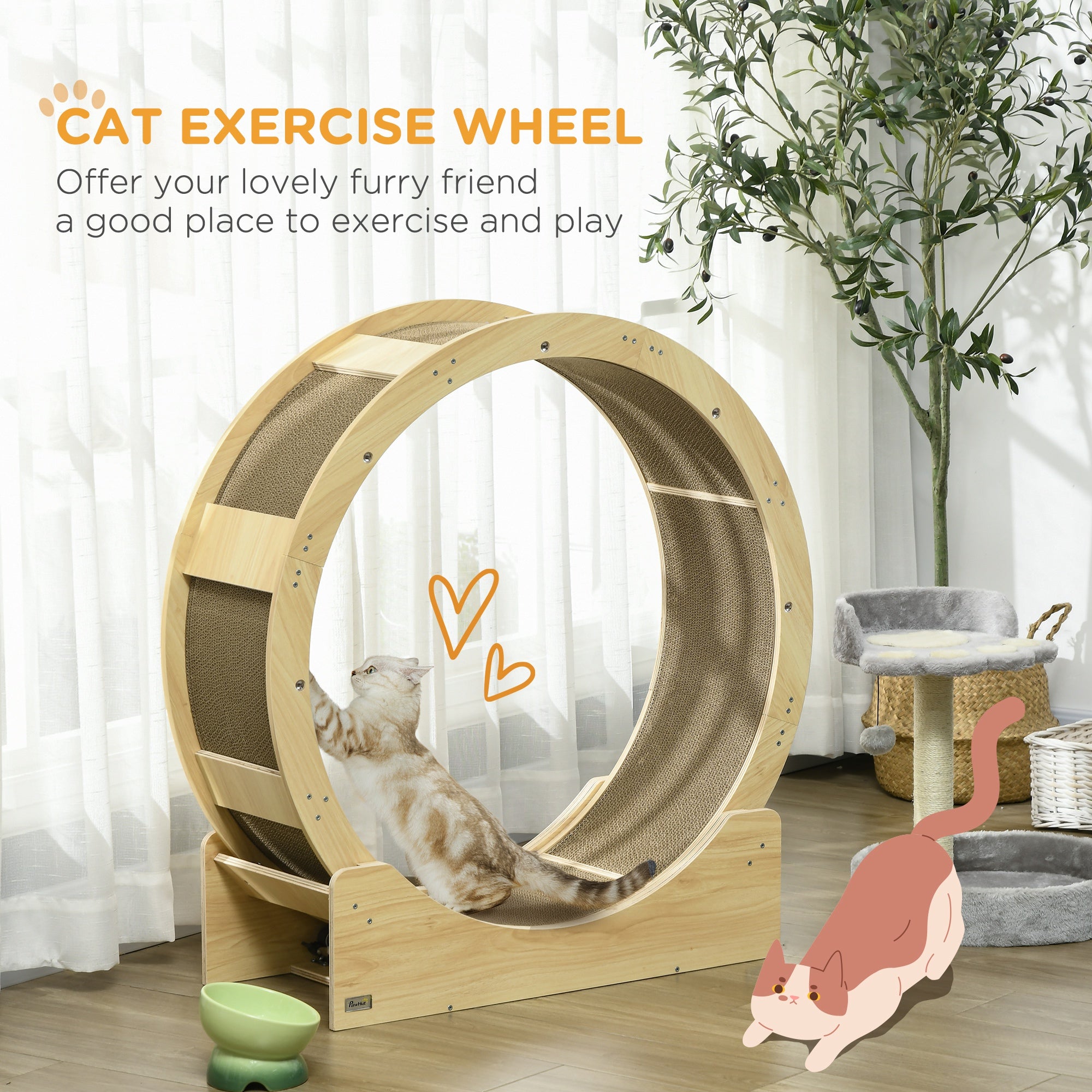 PawHut Cat Wheel with Brake, Scratching Pads - Oak Tone