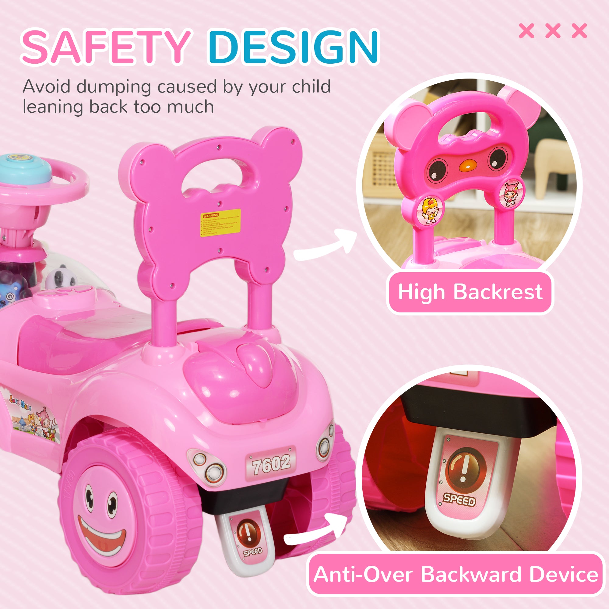 AIYAPLAY Foot to Floor oddler Ride on Toy w/ Music, Light, Horn, Under Seat Storage, Anti-Over-Backwards Device, Pink - North Peak Garden Furniture