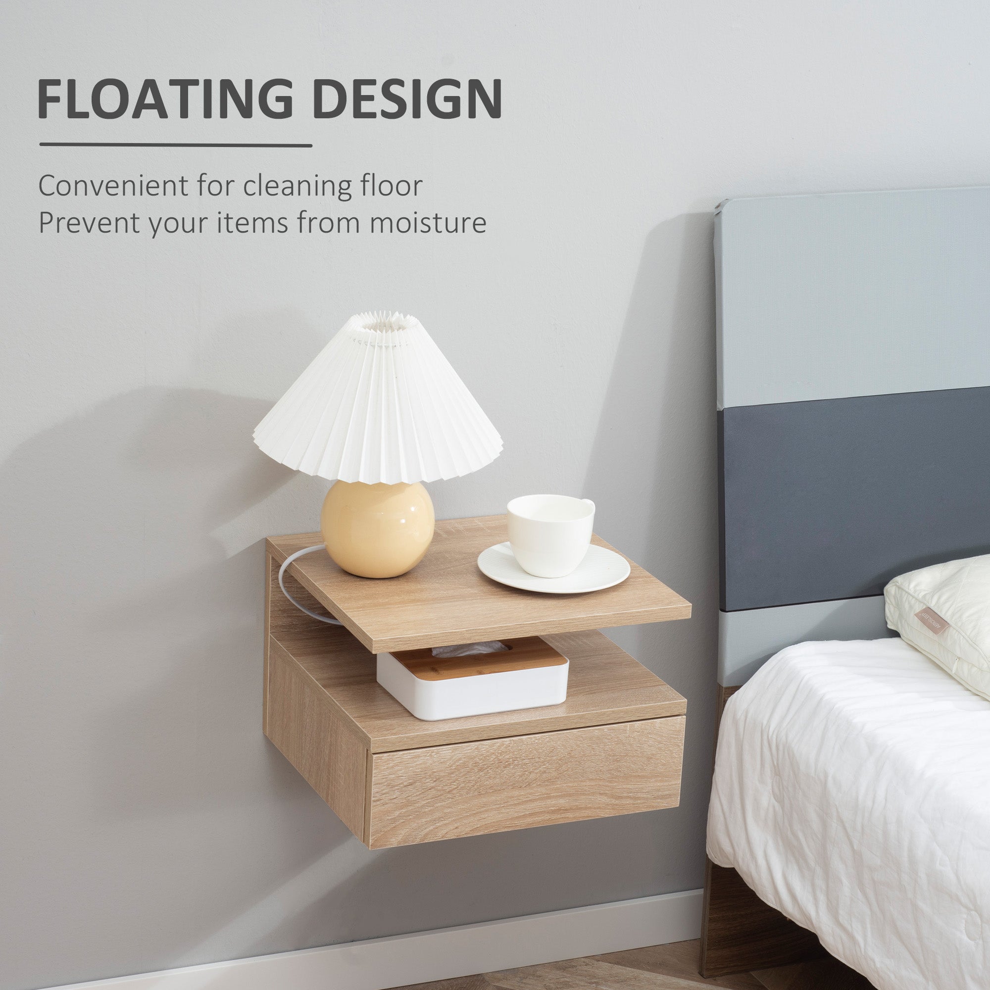 HOMCOM Set of Two Floating Bedside Tables - Oak Tone - North Peak Garden Furniture