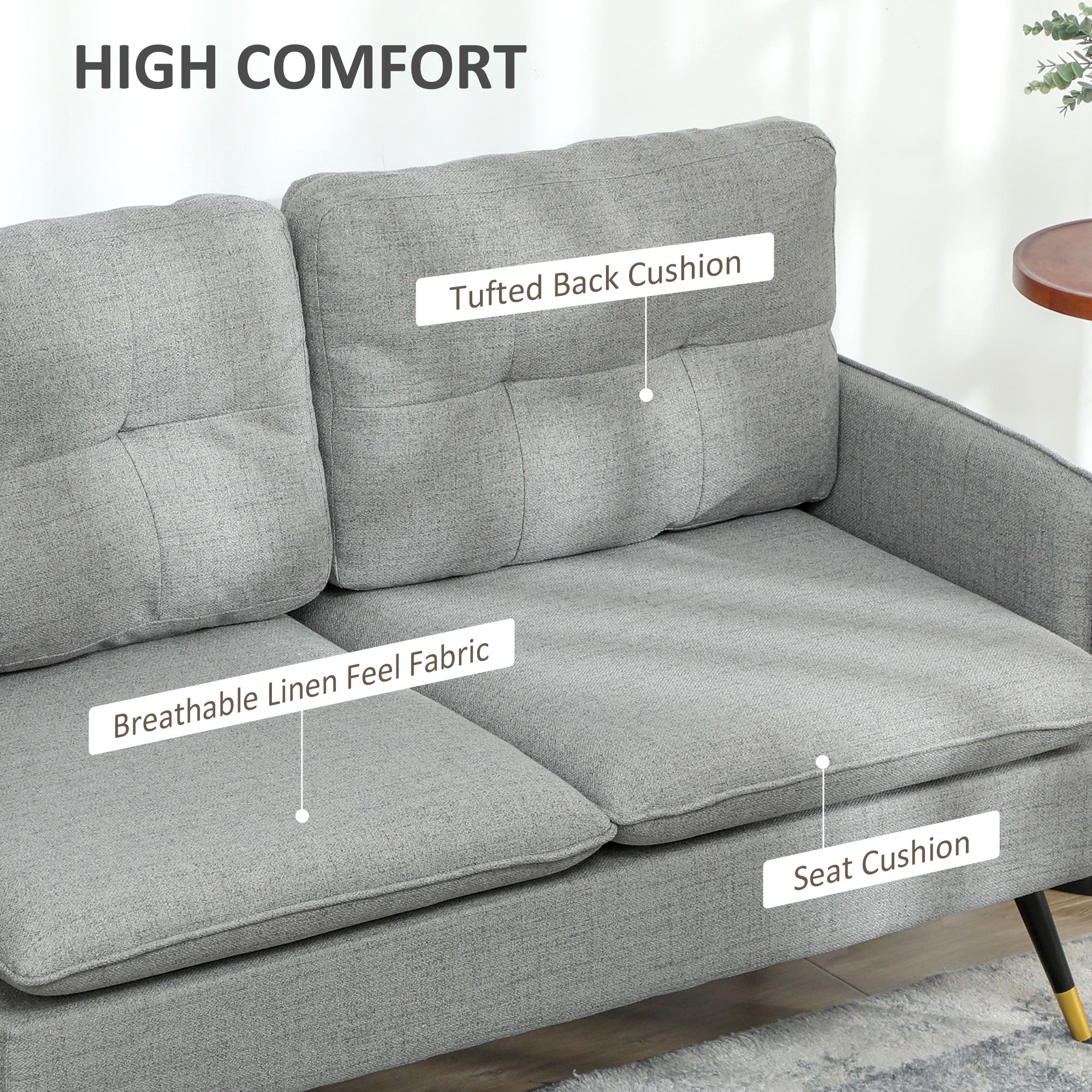 HOMCOM Modern Two Seater Sofa, Button Tufted Loveseat with Cushions and Steel Legs for Living Room, Guest Room, Grey - North Peak Garden Furniture