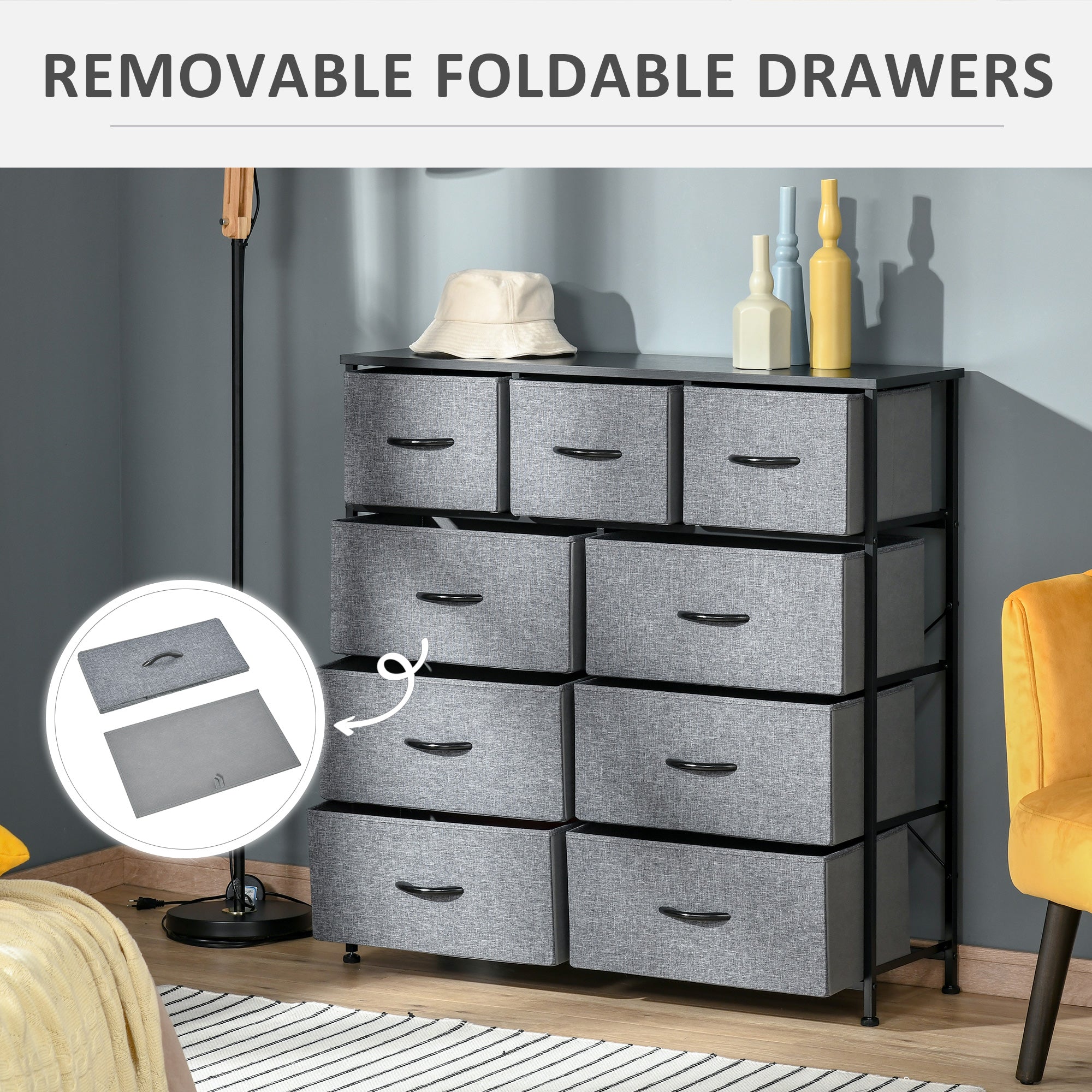 HOMCOM 9 Drawers Storage Chest Dresser Organizer Unit , Easy Pull Fabric Bins, for Bedroom, Hallway, Entryway, Black & Grey