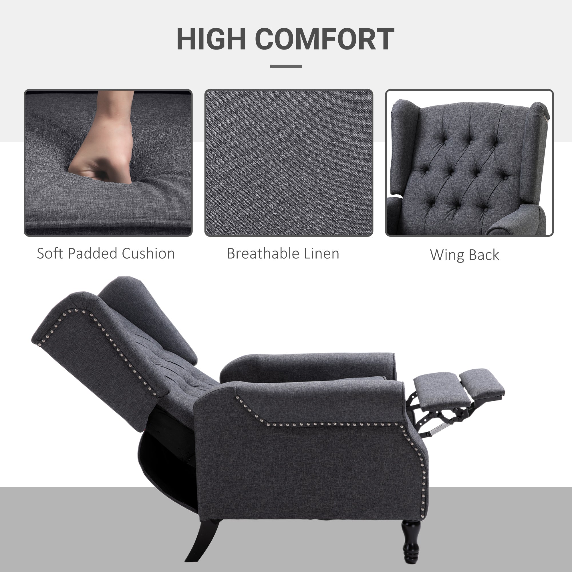 HOMCOM Recliner Armchair, Vintage Reclining Chair with Nail Head Trim, Wingback Chair with Button Tufted Back and Footrest, for Living Room, Dark Grey - North Peak Garden Furniture