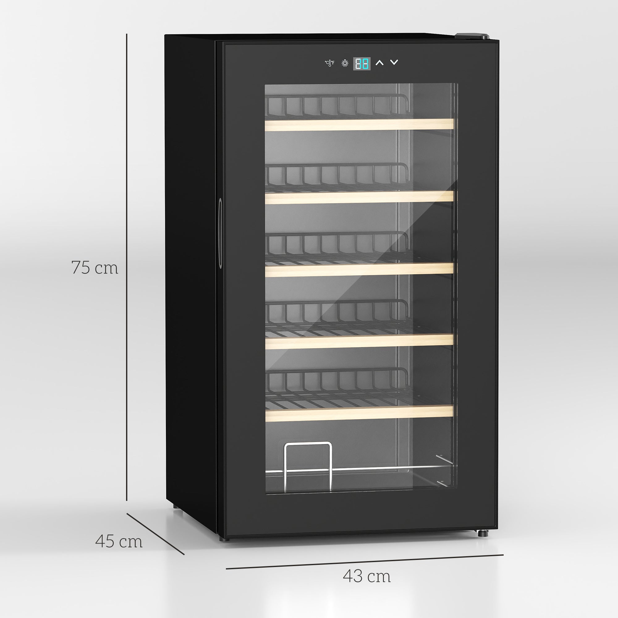 HOMCOM 24 Bottles Freestanding Wine Fridge with Glass Door, 65 Litres Single Zone Wine Cooler Fridge with Digital Touch Screen Controls and LED Light, Black - North Peak Garden Furniture