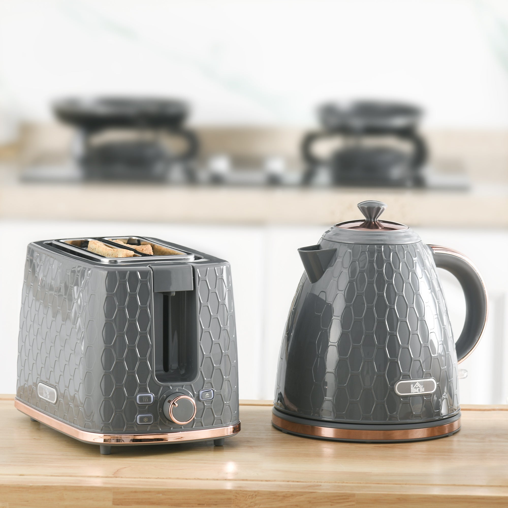 HOMCOM 1.7L 3000W Fast Boil Kettle & 2 Slice Toaster Set, Kettle and Toaster Set with Auto Shut Off, Browning Controls, Grey - North Peak Garden Furniture