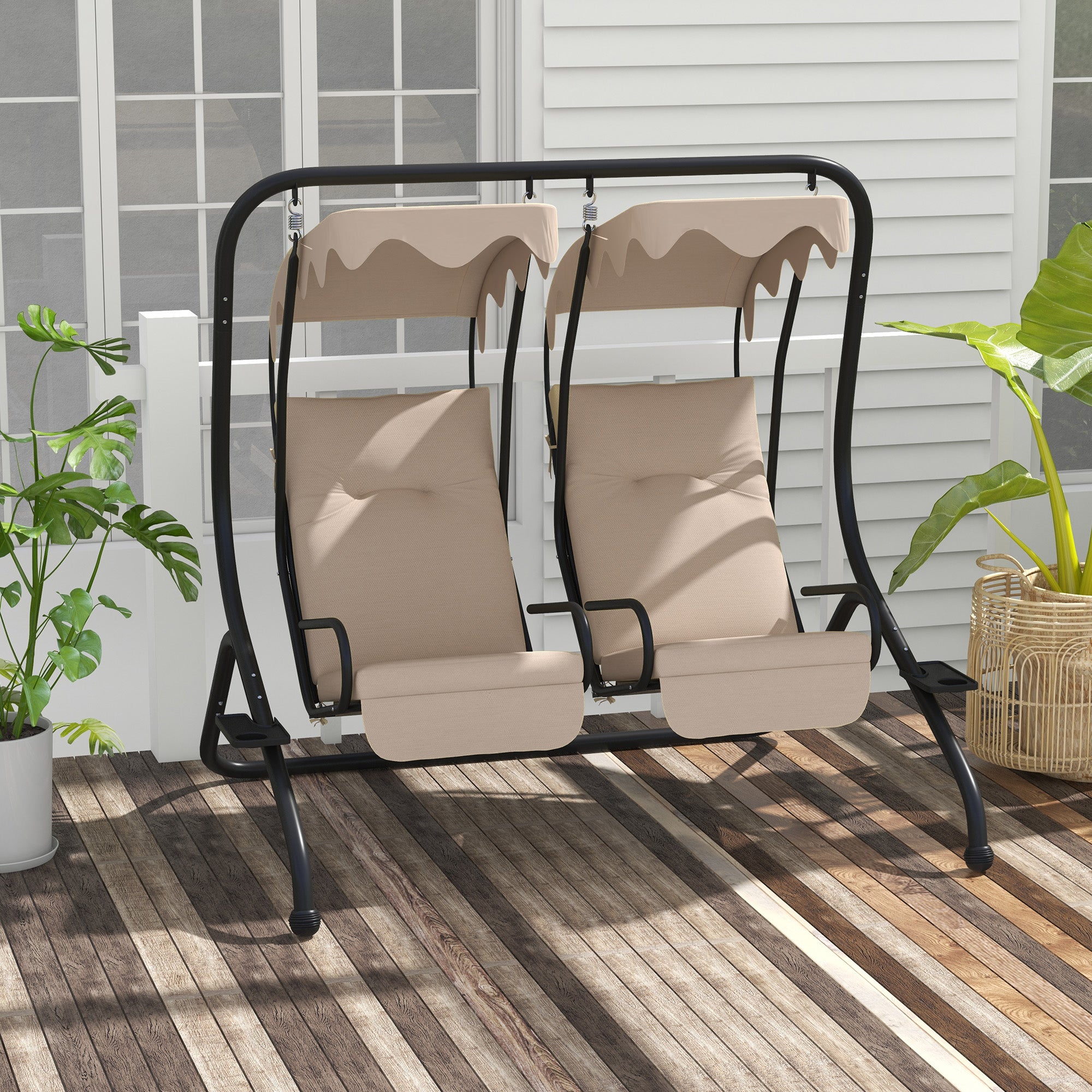 Outsunny Two-Seat Garden Swing Chair, with Protective Canopy - Beige