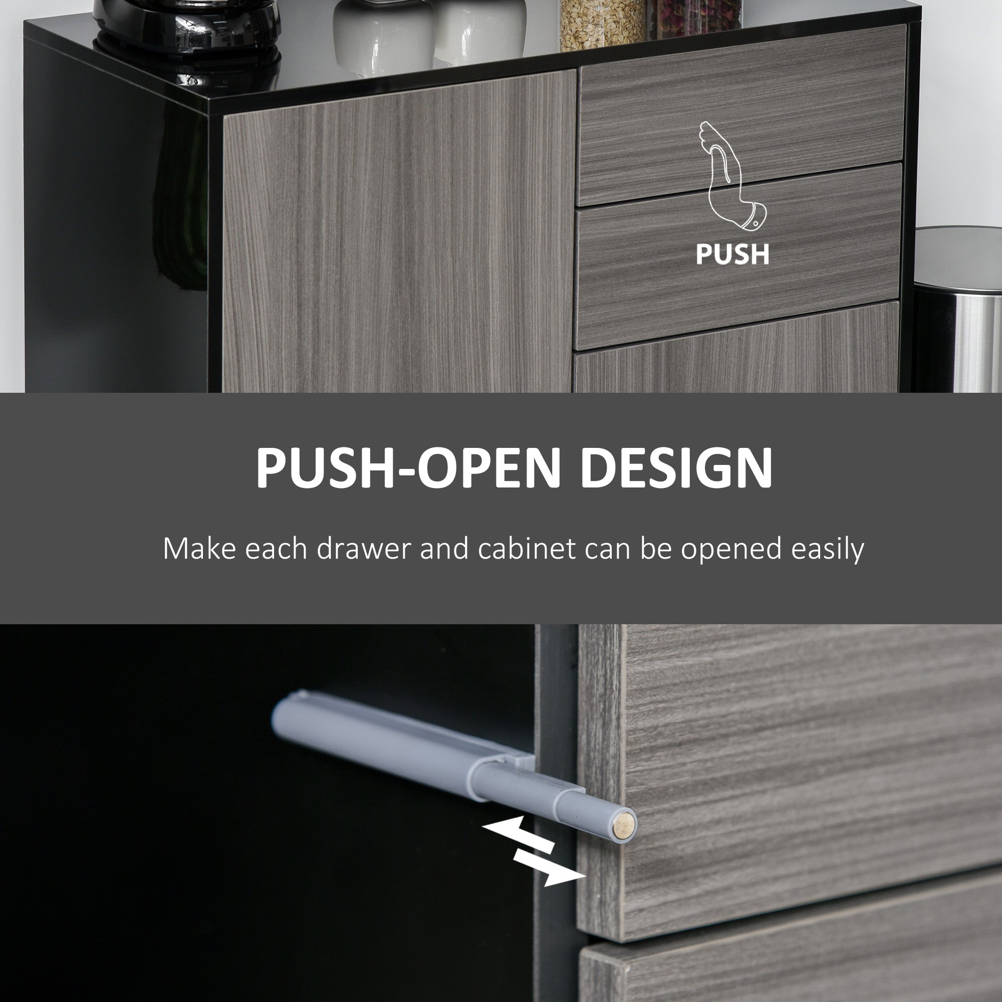 HOMCOM High Gloss Frame Sideboard, Side Cabinet, Push-Open Design with 2 Drawer for Living Room, Bedroom, Light Grey and Black - North Peak Garden Furniture