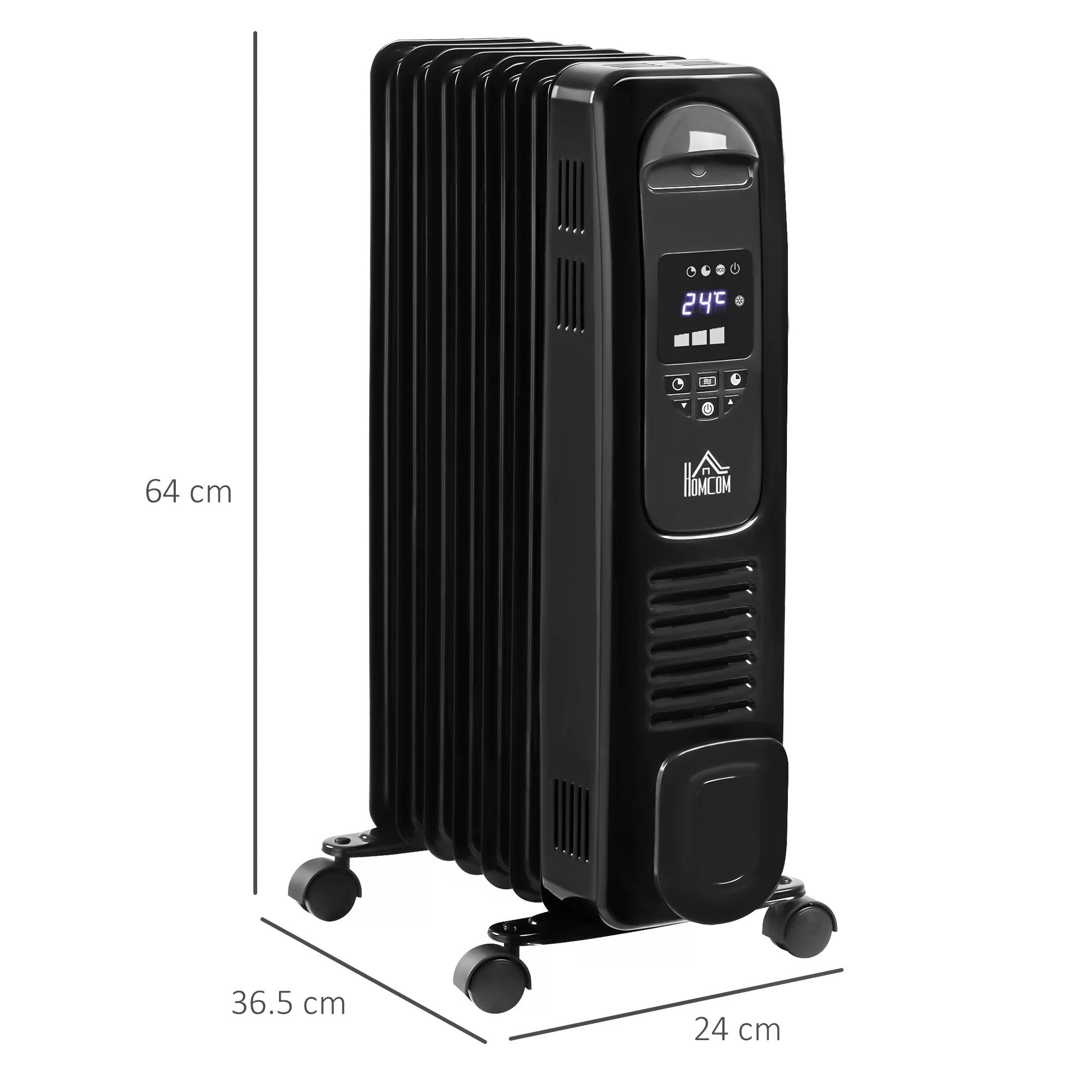 HOMCOM 1500W Digital Oil Filled Radiator, 7 Fin, Portable Electric Heater with LED Display, Built-in Timer, 3 Heat Settings, Safety Cut-Off and Remote Control, Black