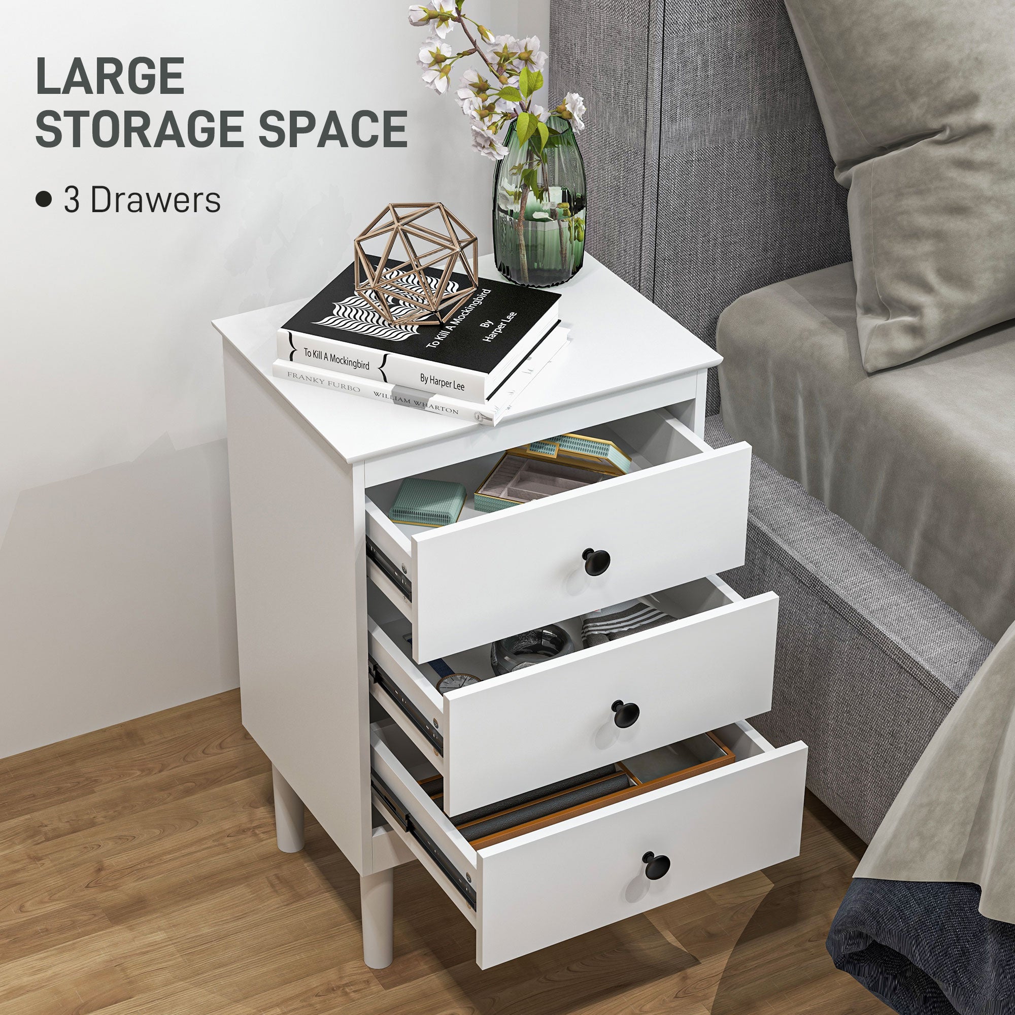 HOMCOM Set of Two Three-Drawer Modern Bedside Tables - White - North Peak Garden Furniture