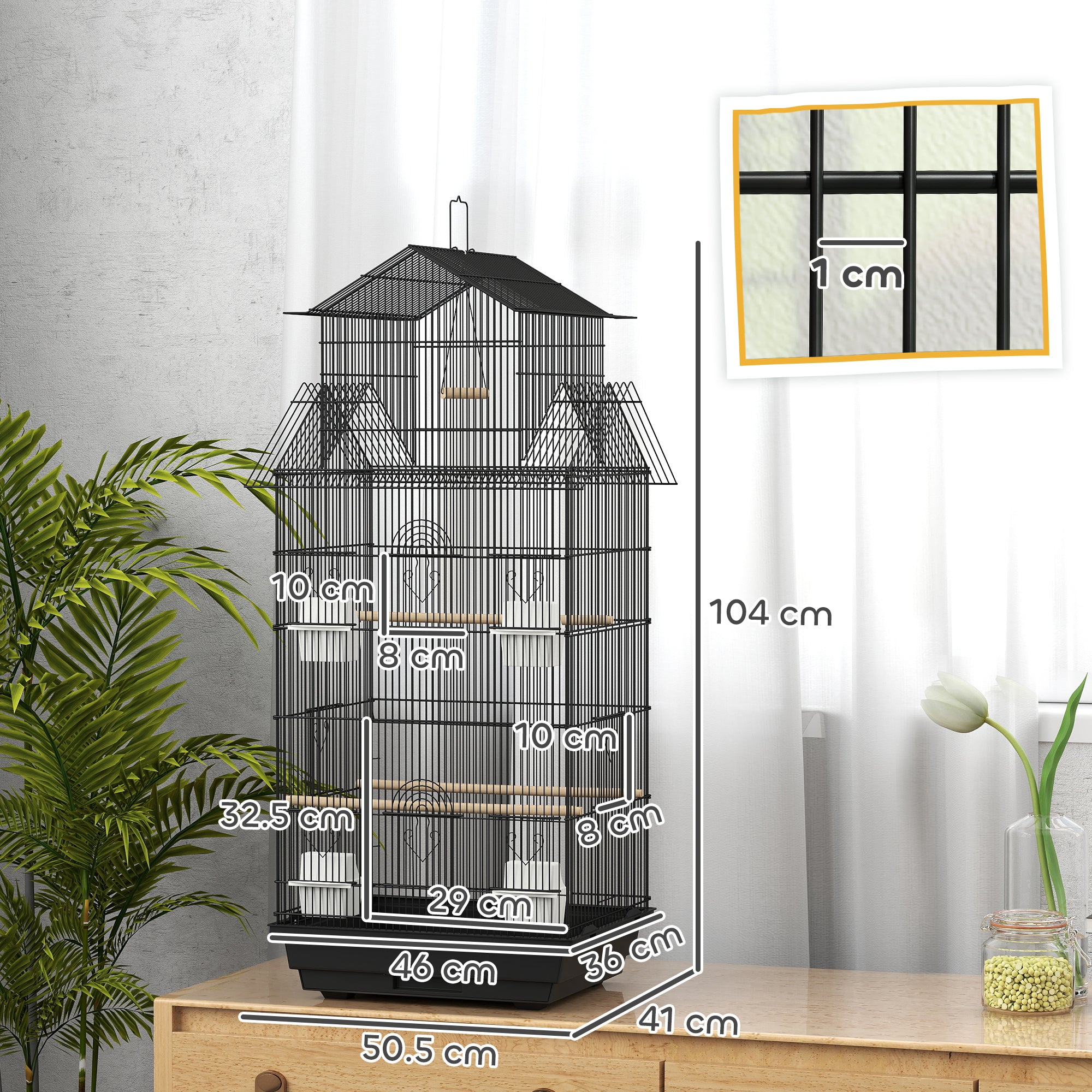 PawHut Metal Bird Cage with Plastic Swing, Perch, Food Container, Tray, Handle, for Finches, Canaries, 43 x 32.5 x 104cm - North Peak Garden Furniture