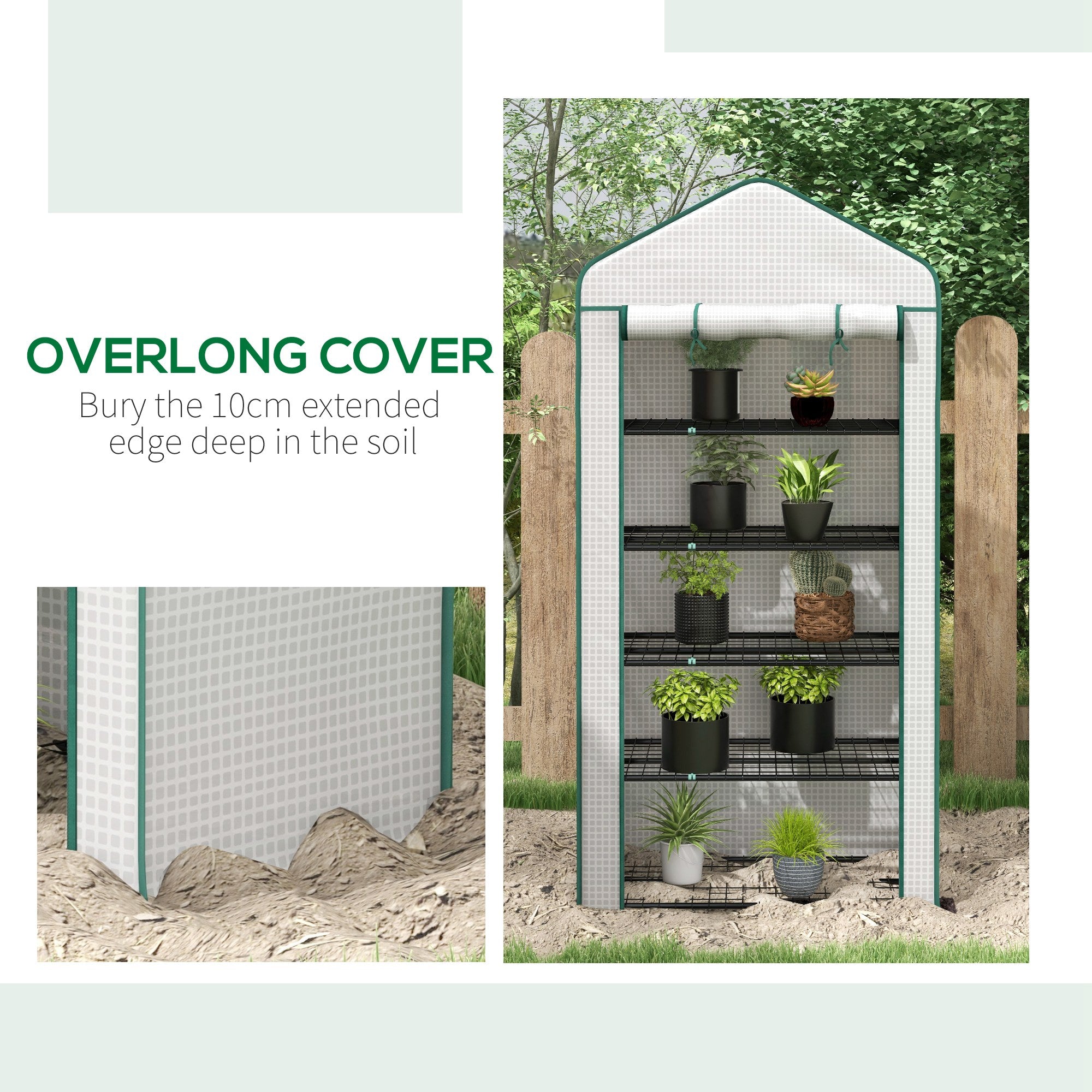 Outsunny 5 Tier Widened Mini Greenhouse with Reinforced PE Cover, Portable Indoor Outdoor Green House with Roll-up Door and Wire Shelves, 193H x 90W x 49Dcm, White - North Peak Garden Furniture