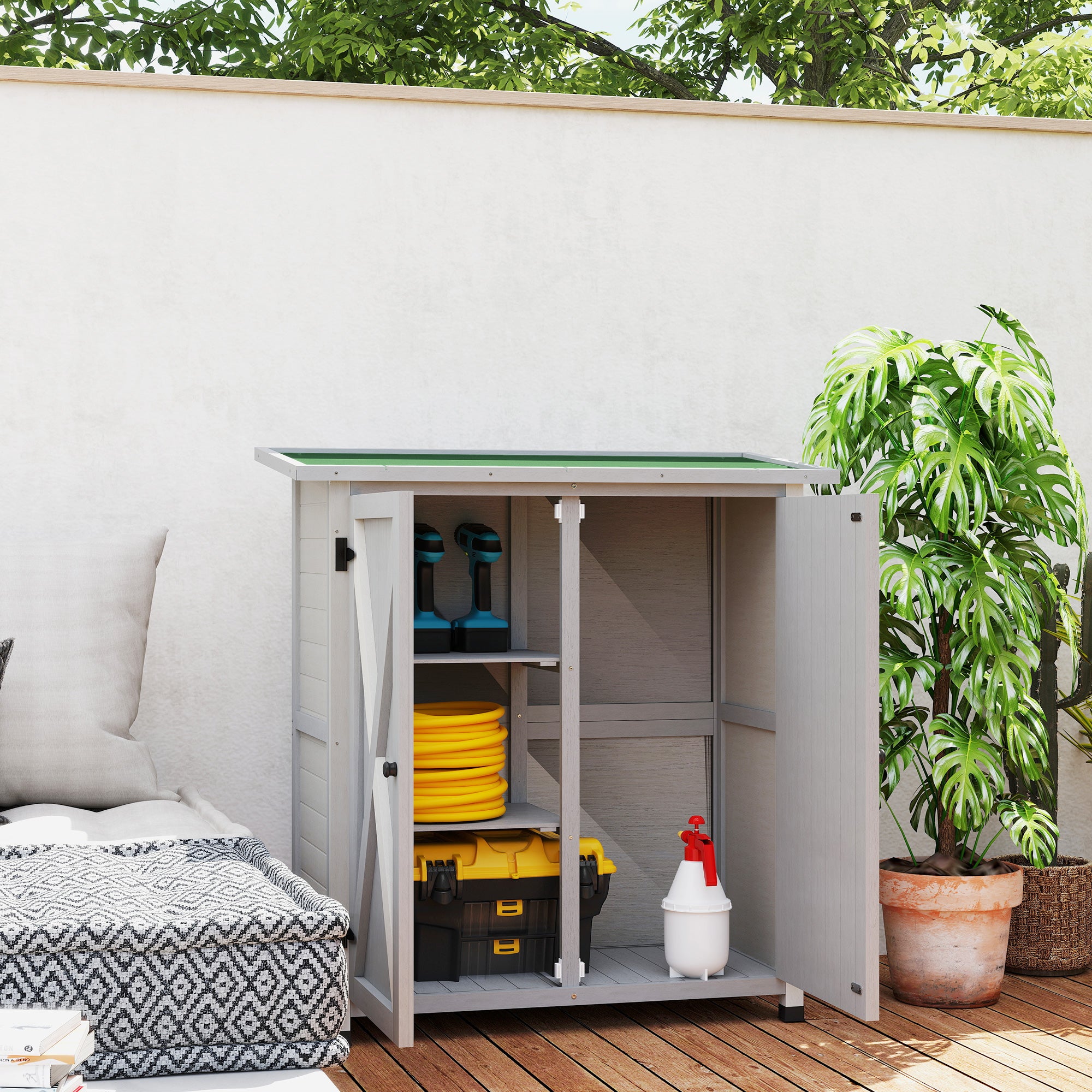 Outsunny 46.5 x 97cm Compact Wooden Storage Shed - Light Grey - North Peak Garden Furniture
