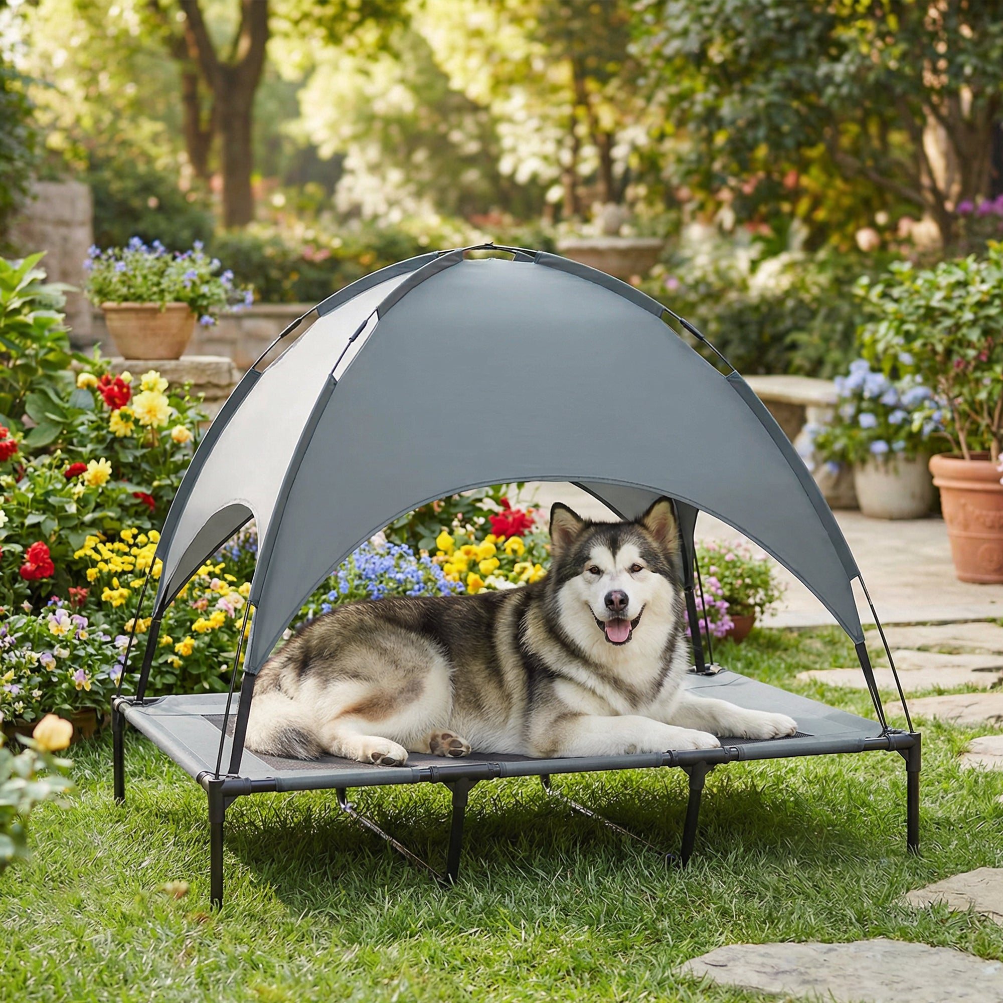 PawHut Raised Dog Bed Waterproof Elevated Pet Cot with Breathable Mesh UV Protection Canopy Grey, for XL Dogs, 122 x 92 x 108cm