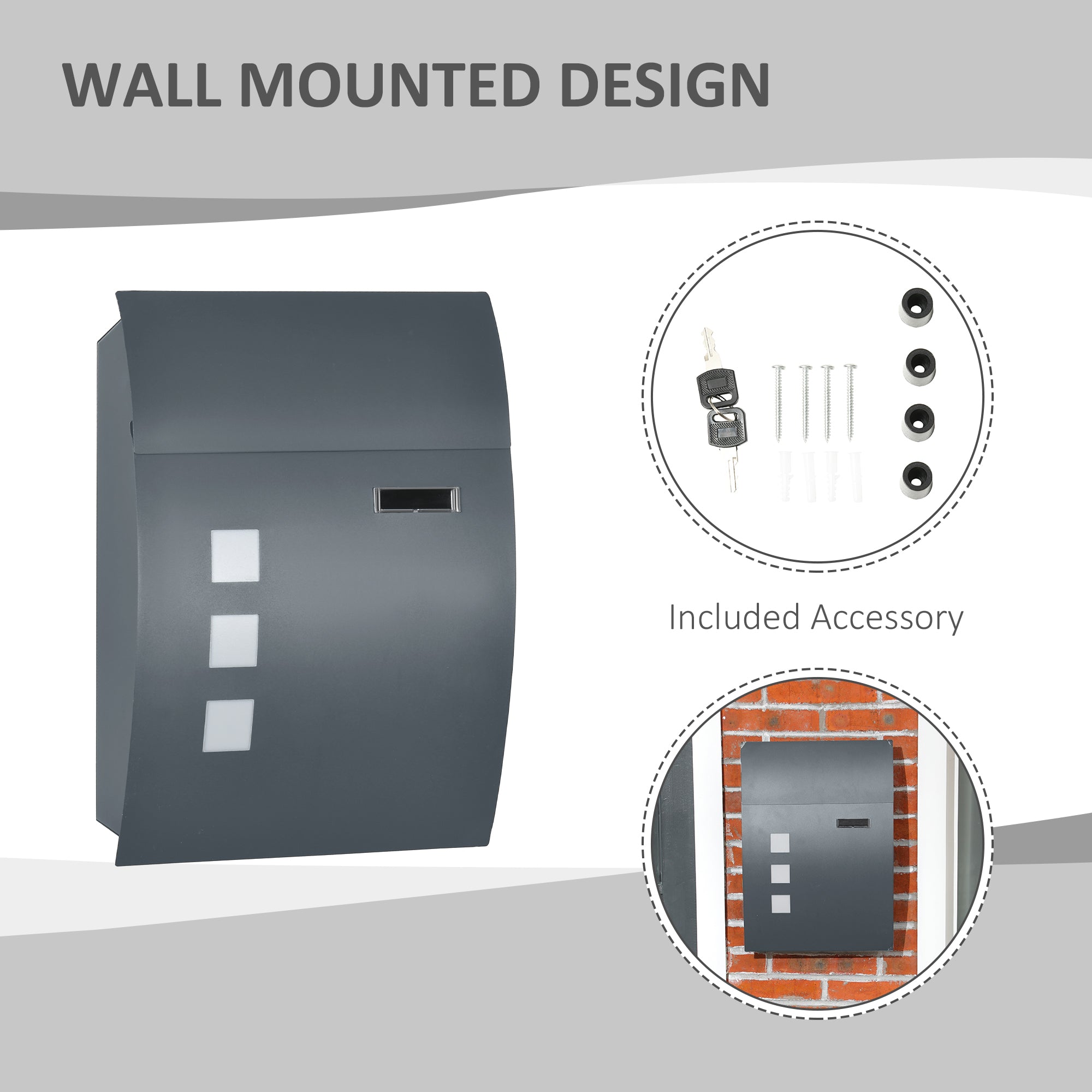 HOMCOM Wall Mounted Letter Box, Weatherproof Post Box for Outside Wall, Modern Mailbox with 2 Keys and Nameplate, Anthracite Grey