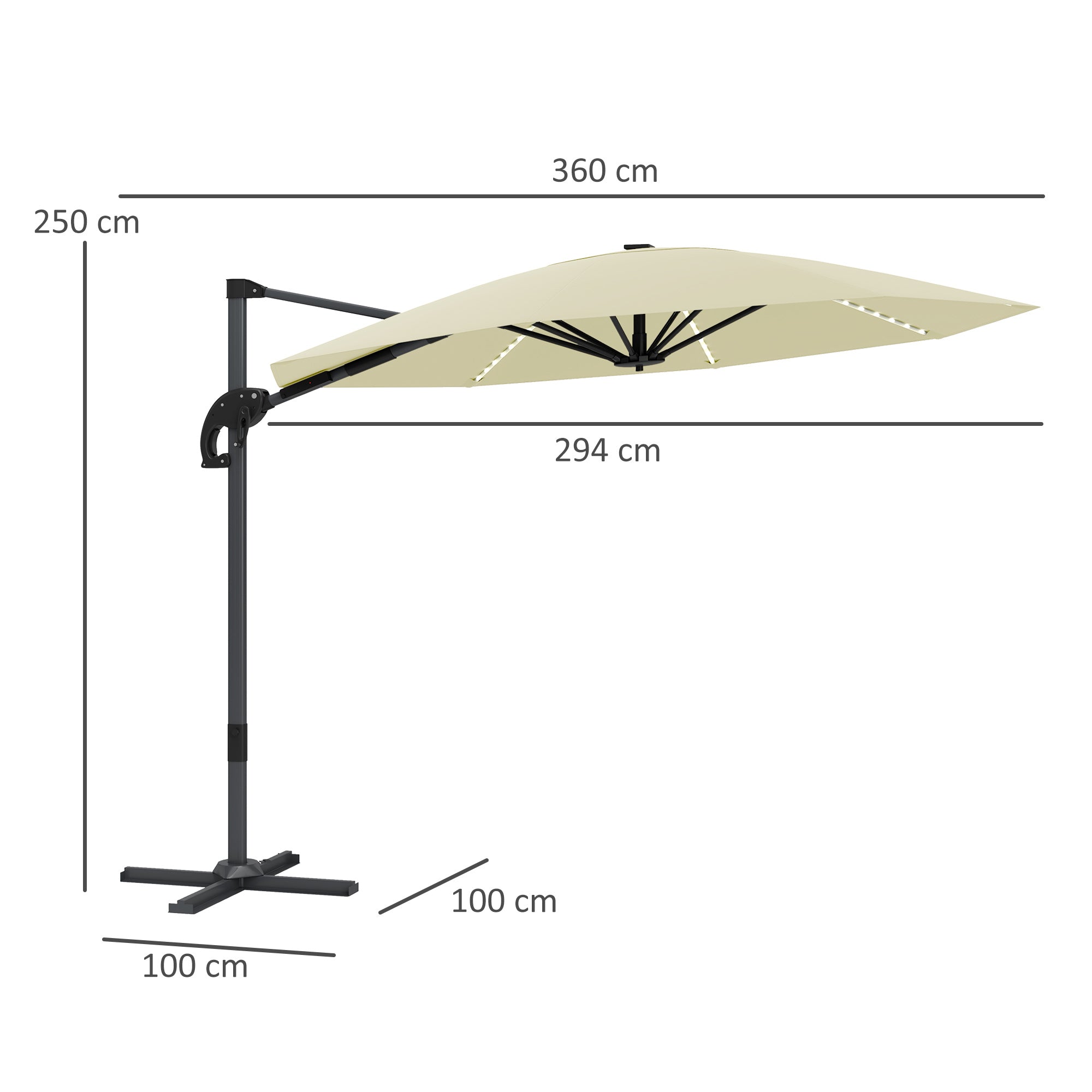 Outsunny 3(m) Cantilever Garden Parasol with Solar Powered Lights, Crank Handle & Cross Base, UPF 50+, 360° Rotation, Cream - North Peak Garden Furniture
