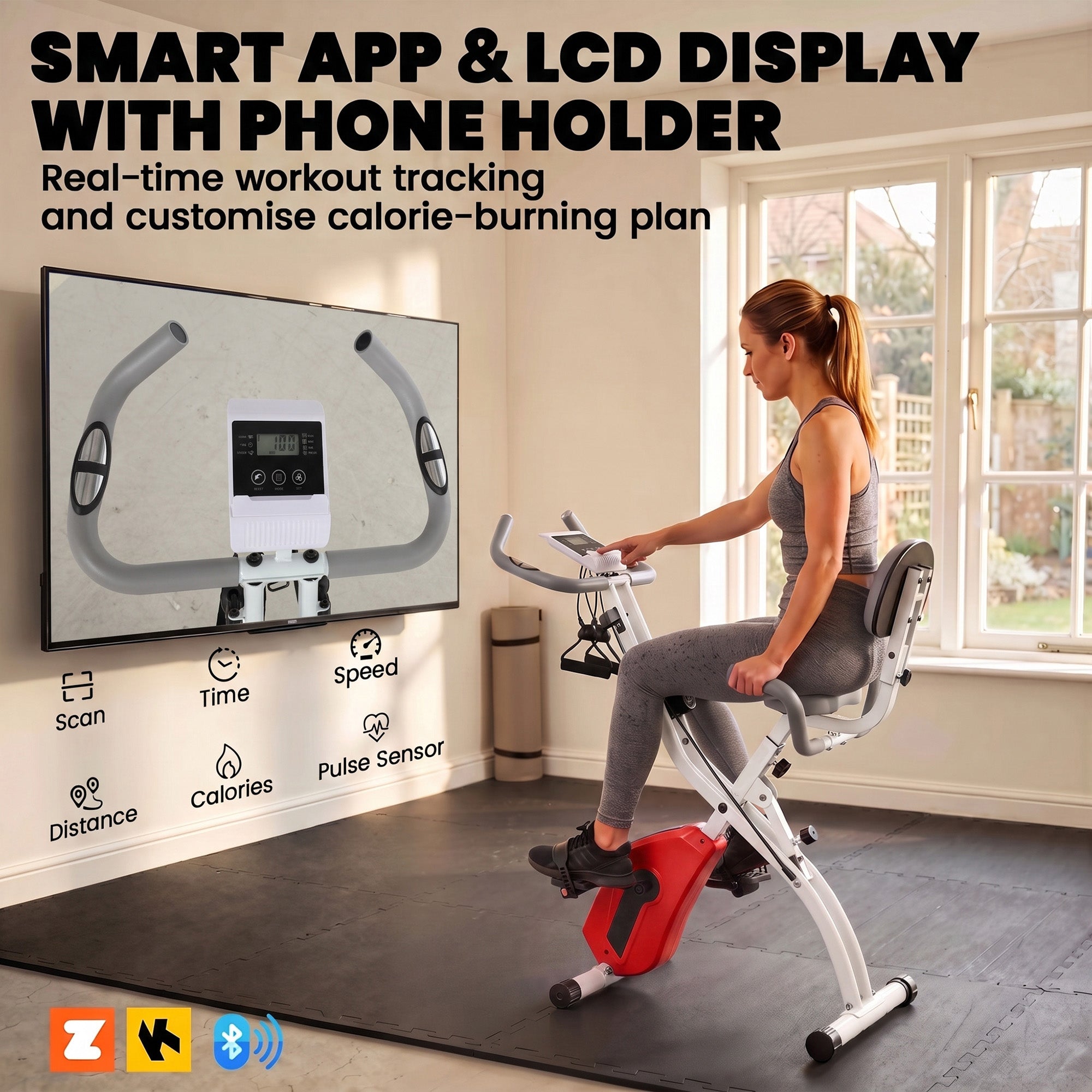 SPORTNOW 4-In-1 Folding Exercise Bike with Resistance Bands, Bluetooth App, 8-Level Magnetic Resistance, LCD Display, Orange