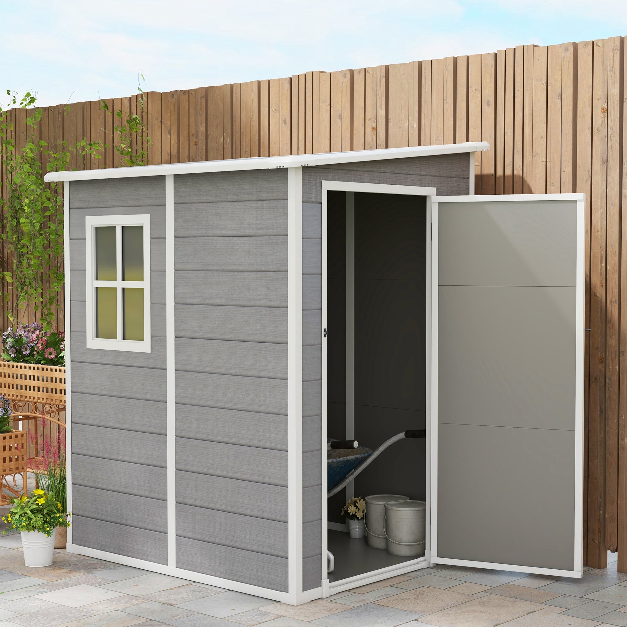 Outsunny 4'x5' Garden Storage Shed, Lean to Shed, Lockable Garden Shed with Window, Vent and Plastic Roof, Grey - North Peak Garden Furniture
