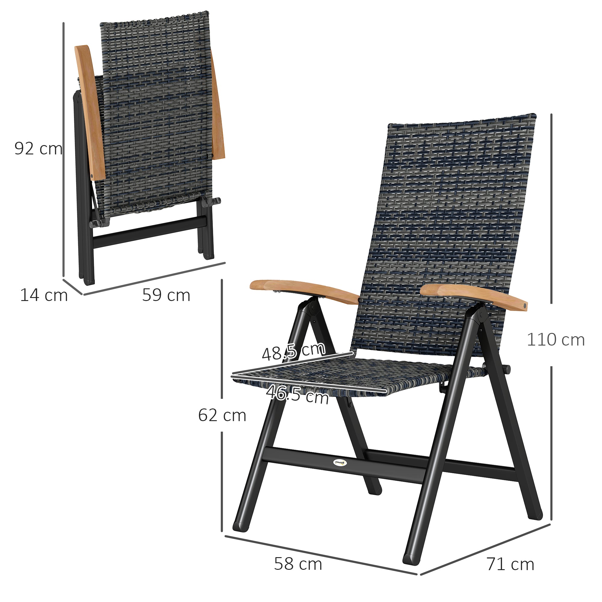 Outsunny 2 Pieces Outdoor Foldable Dining Chair with Armrests, High Backrest, for Garden, Camping, Balcony, Mixed-grey - North Peak Garden Furniture