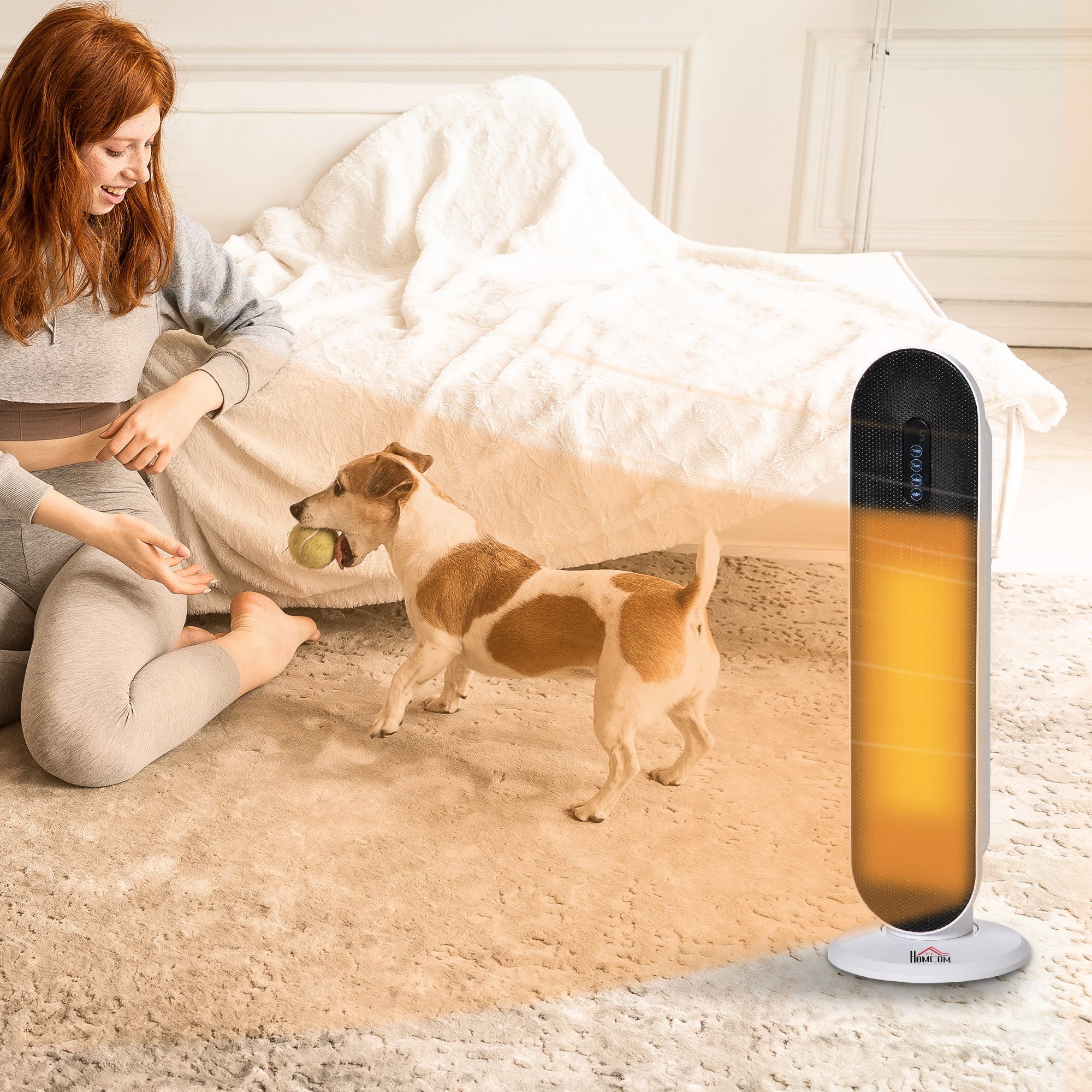 HOMCOM Ceramic Space Heater, Indoor Tower Heater with 2 Heat, Oscillation, Remote Control, Timer, Tip-Over & Overheating Protection, 1200W/2000W, White - North Peak Garden Furniture