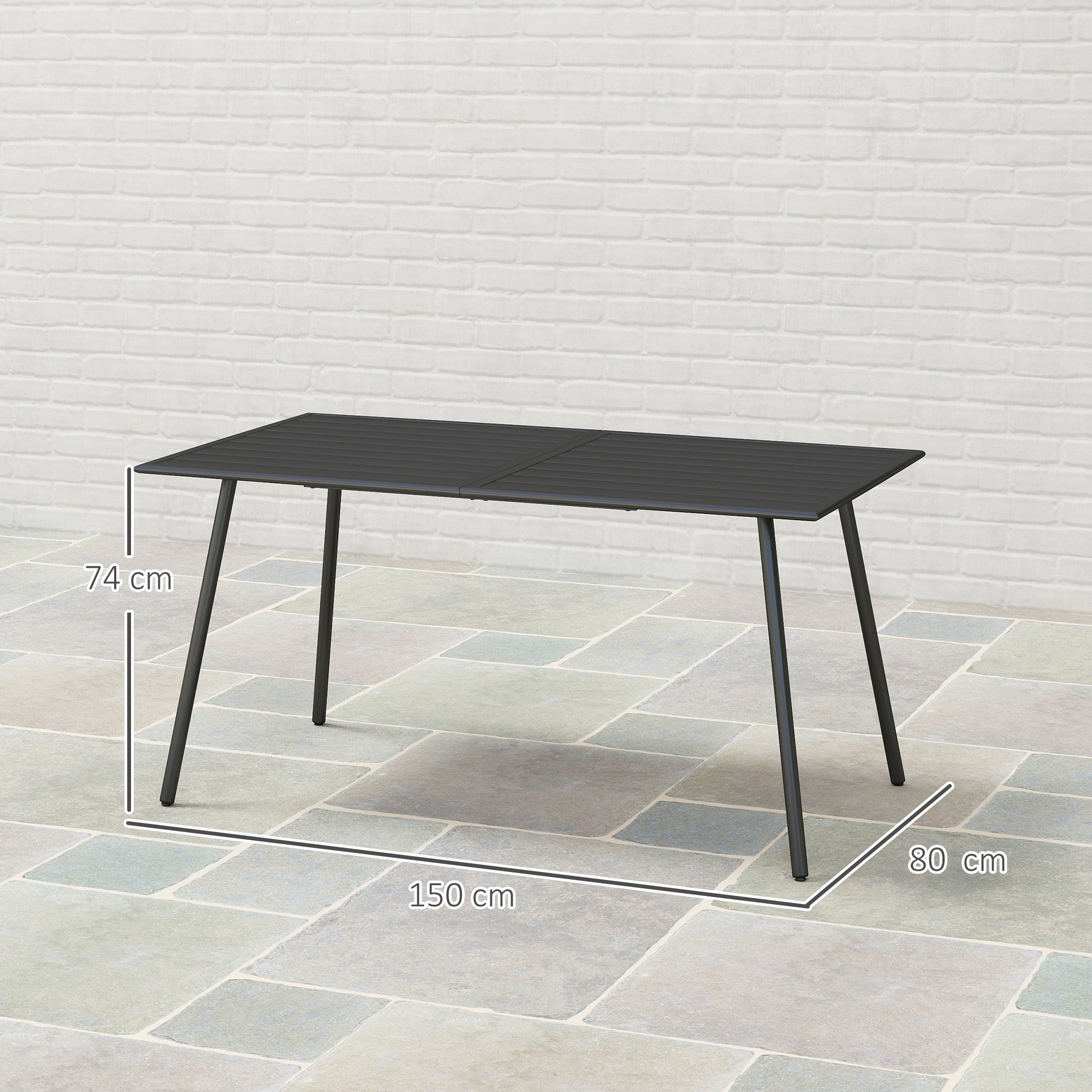 Outsunny Rectangle Garden Table with Slat Top, Steel Frame, Outdoor Table for 6 Person, 150 x 80 x 74 cm, Black - North Peak Garden Furniture
