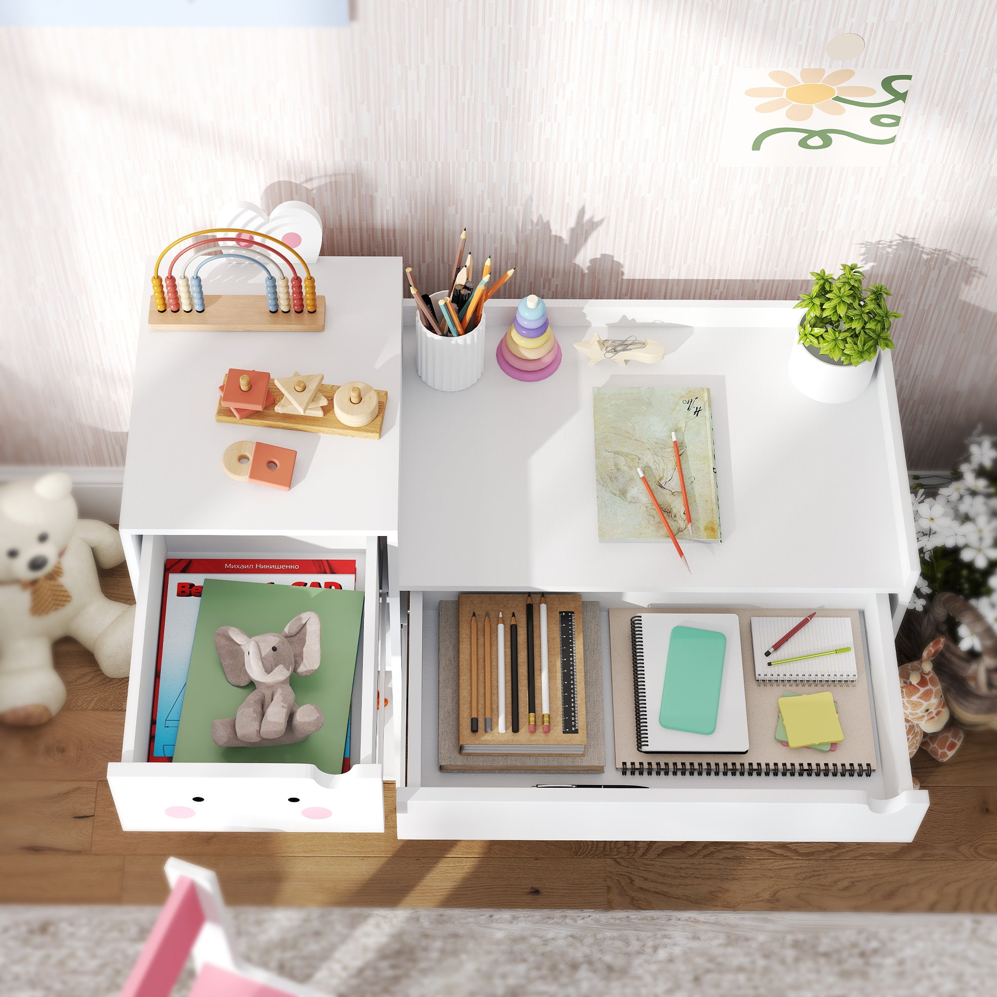 AIYAPLAY Rabbit Themed Kids Desk and Chair Set with Bookcase, Drawers, Storage Shelves, for 3-6 Years, White