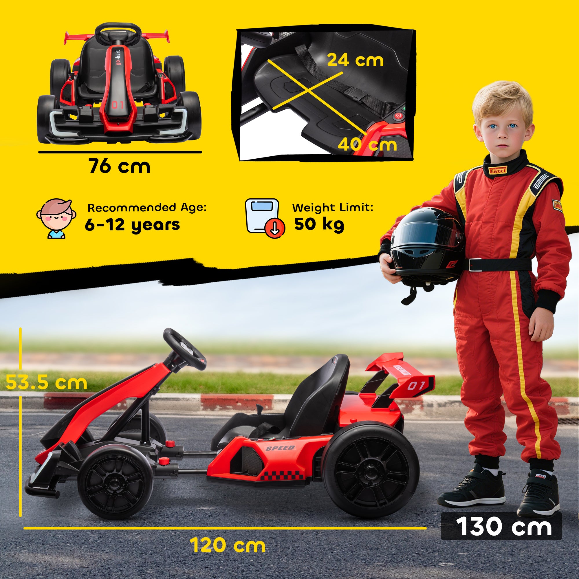 HOMCOM 24V Electric Go Kart for Kids with Adjustable Seat for 6-12 Years, Red - North Peak Garden Furniture