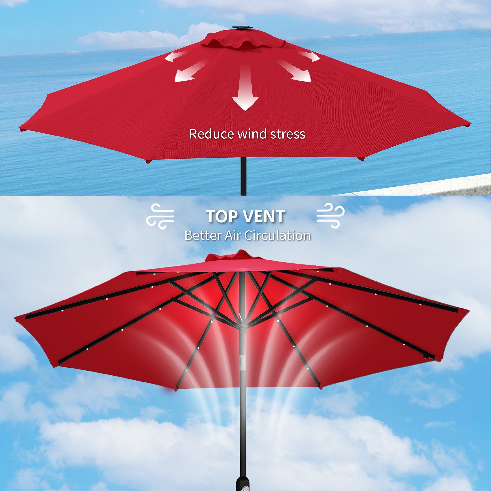 Outsunny 3 m Replacement Parasol Canopy with Top Vent, UPF 50+ Garden Parasol Replacement Canopy, 8 Rib Parasol Cover Replacement Fits Various Frames, Red - North Peak Garden Furniture