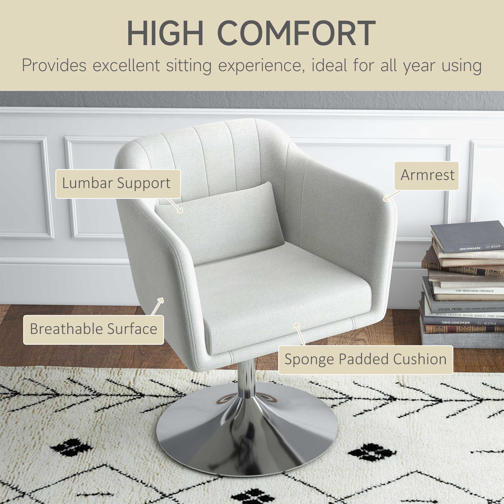 HOMCOM Modern Accent Chair with Swivel Base, Height Adjustable Arm Chair with Pillow for Living Room, Bedroom, Cream White - North Peak Garden Furniture