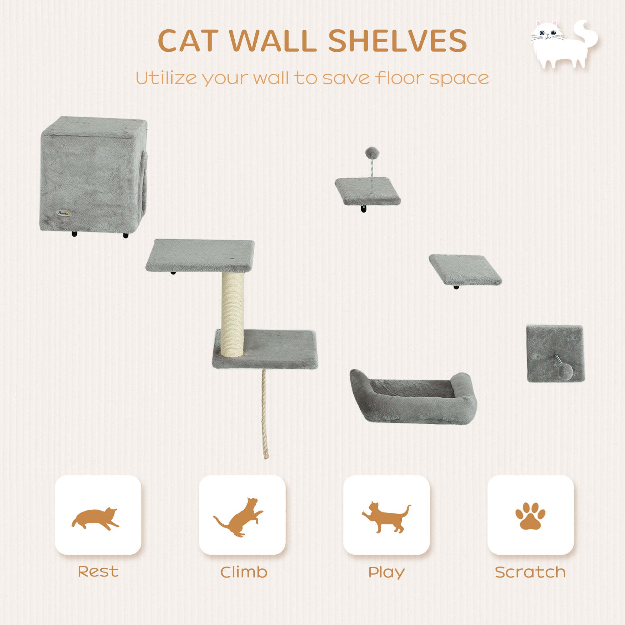 PawHut 6-Piece Cat Wall Shelves Set with Condo, Cat Wall Furniture with Platforms, Sisal Scratching Post, Bed, Toy Ball, Grey - North Peak Garden Furniture
