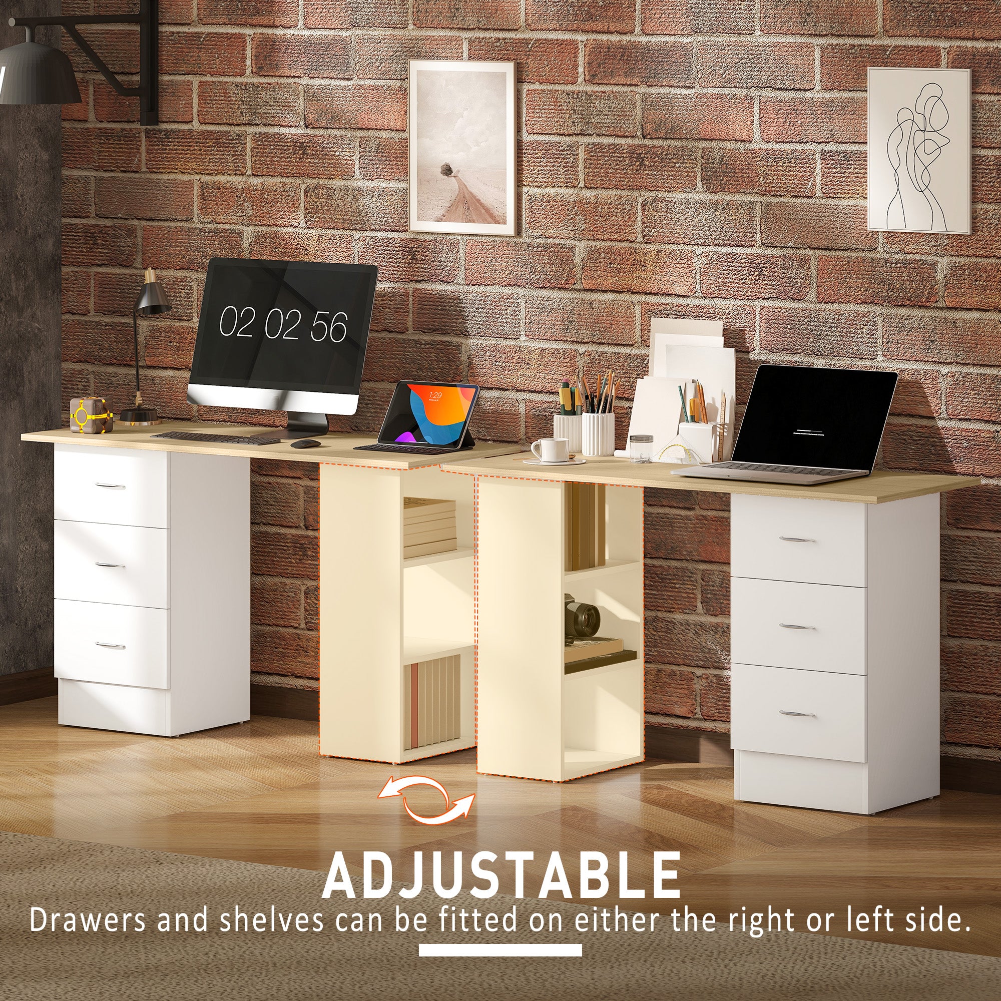 HOMCOM Computer Desk, Writing Table, PC Workstation with 3 Storage Shelves and Drawers, Silver Handle, for Home Office, Natural Wood Finish and White