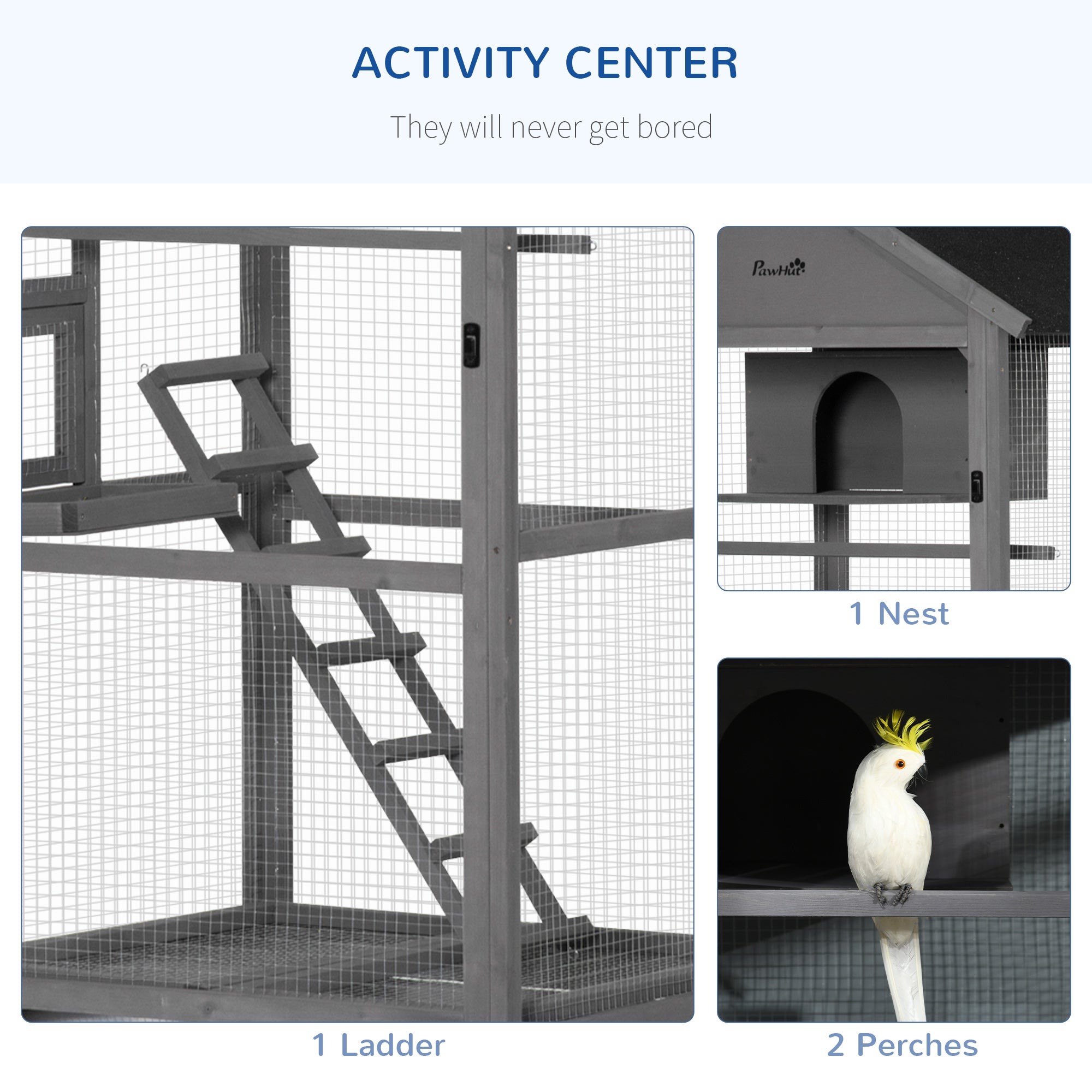 PawHut Bird Cage budgie cage Wooden Outdoor Aviary with Wheels for Canary Finch with Asphalt Roof Perch Nest Ladder Slide-out Tray, Grey - North Peak Garden Furniture