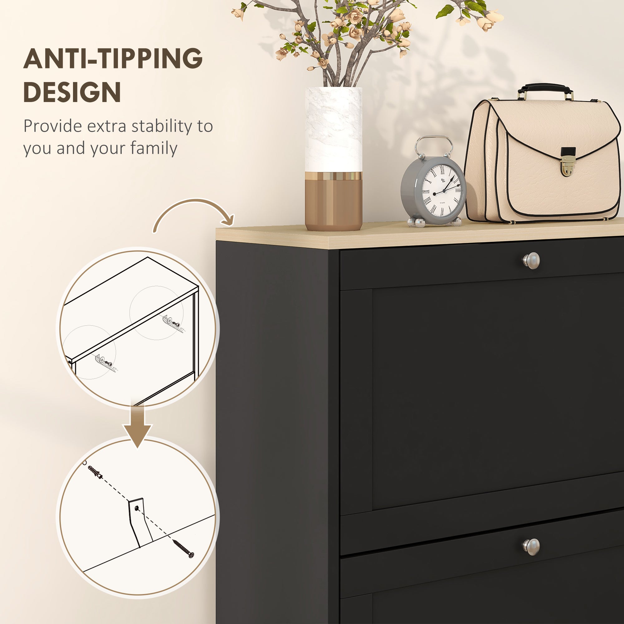 HOMCOM Modern Compact Three-Drawer Shoe Storage Cabinet - Black - North Peak Garden Furniture