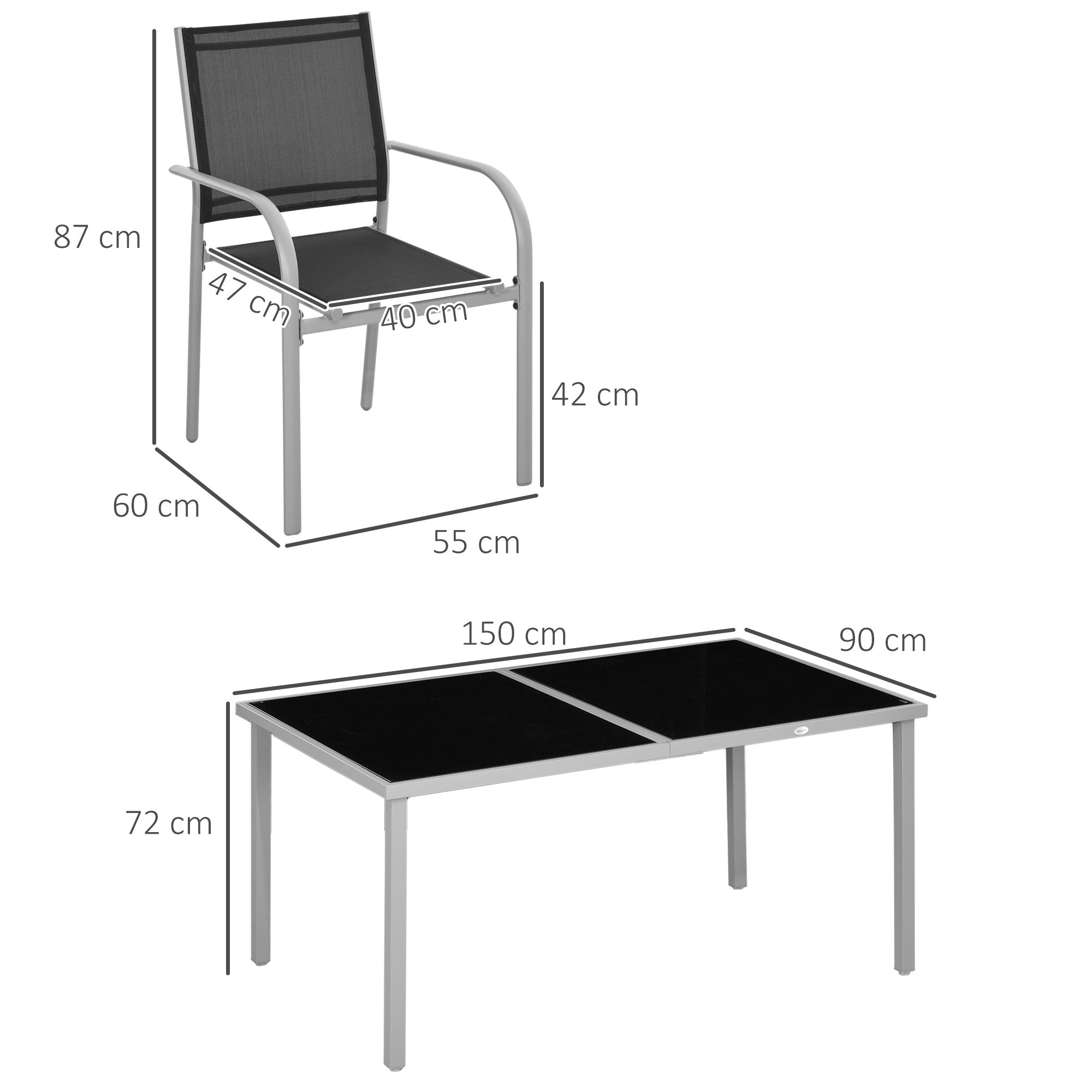 Outsunny 7 Piece Outdoor Garden Dining Set with Table and 6 Stackable Chairs, Steel Frame, Tempered Glass Top, Mesh Seats, Black - North Peak Garden Furniture