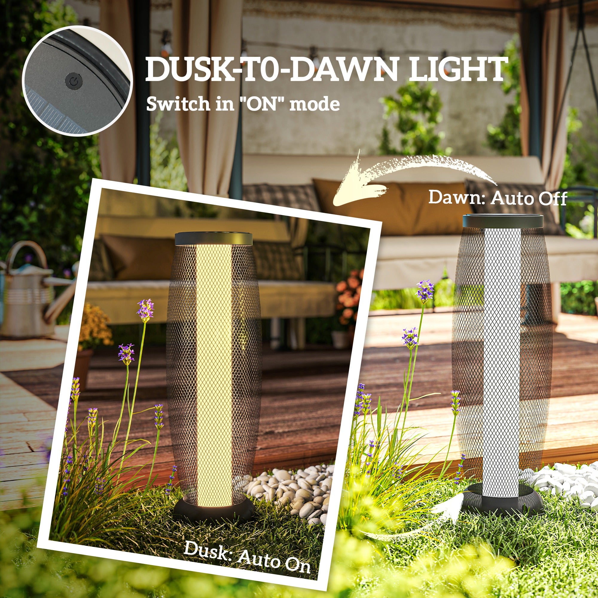 Outsunny Garden Solar Lamp, 71.5 cm Tall Metal Floor Lamp, Auto On/Off LED Solar Garden Light with Metal Wire Shade, IP44 for Outdoor, Porch, Pathway, Terrace, Black - North Peak Garden Furniture
