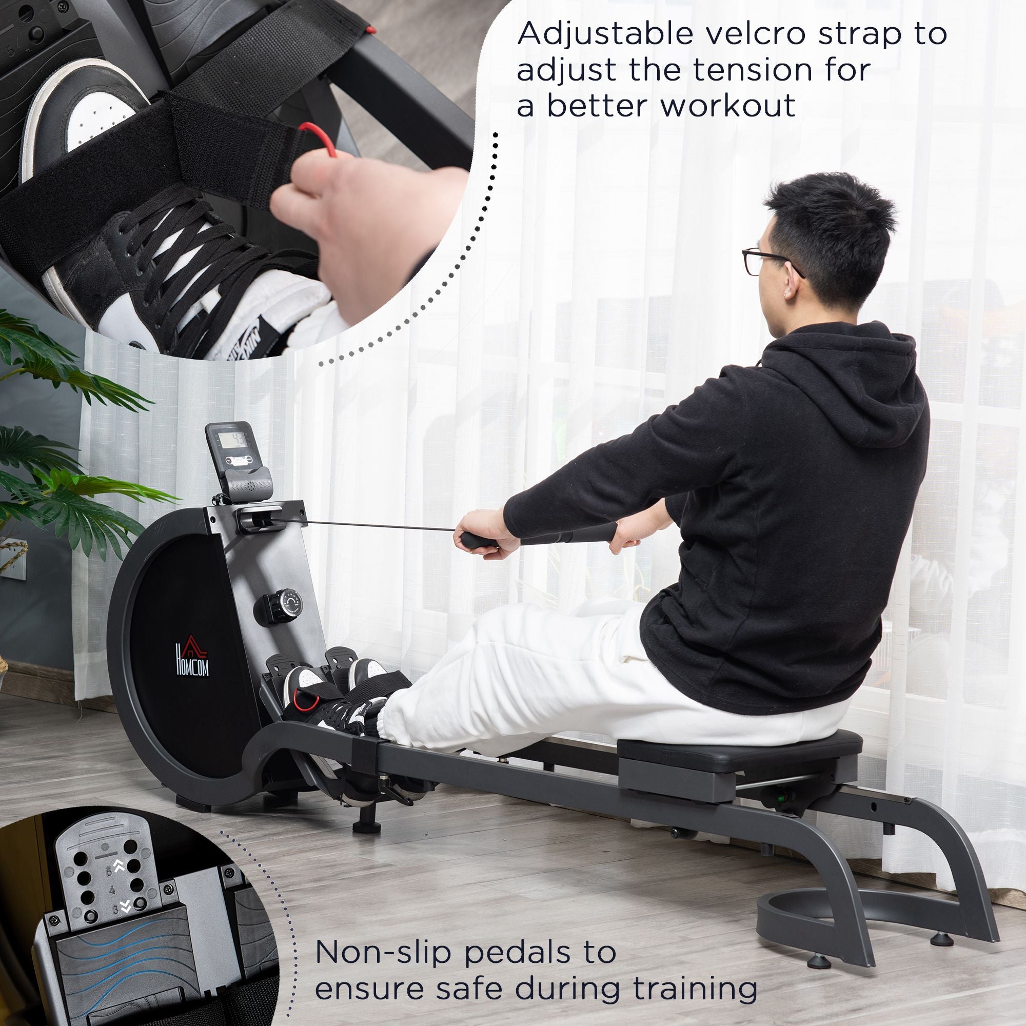 HOMCOM Folding Rowing Machine with 16-Level Adjustable Magnetic Resistance, Aluminium Side Rail, Digital Monitor, Cardio Workout Rower, for Home, Gym, Office - North Peak Garden Furniture