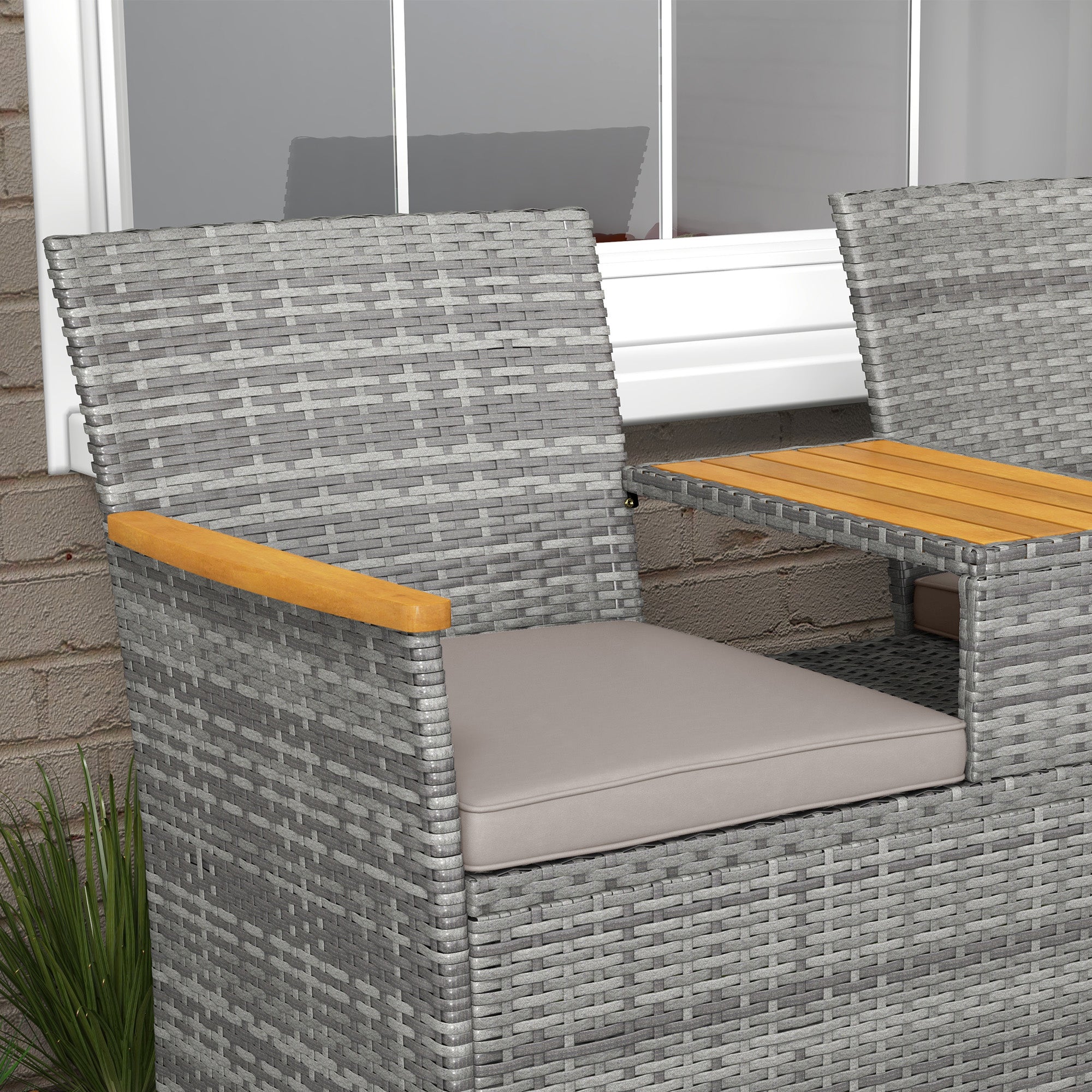 Outsunny Two-Seat Rattan Loveseat, with Wood-Top Middle Table - Grey - North Peak Garden Furniture
