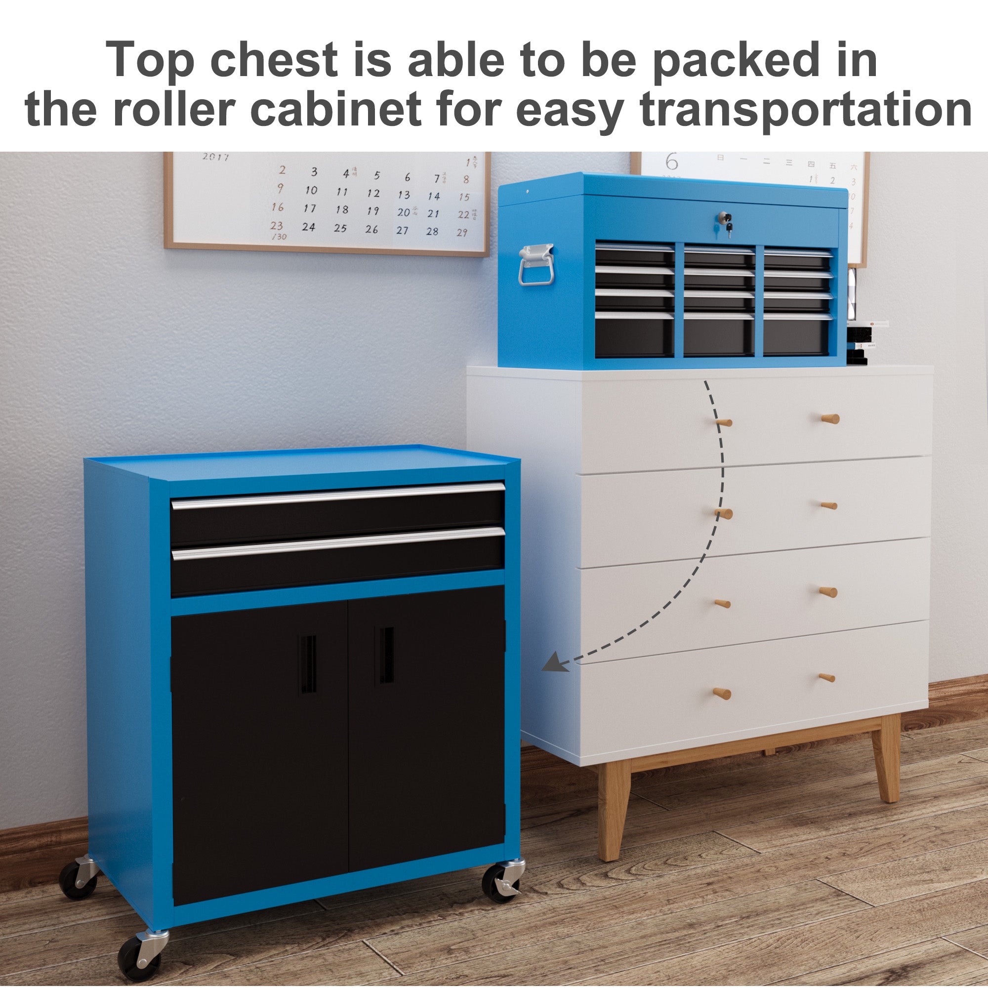 HOMCOM Portable Tool Box, Metal Tool Chest on Wheels with 6 Drawers for Garage and Workshop, Blue - North Peak Garden Furniture
