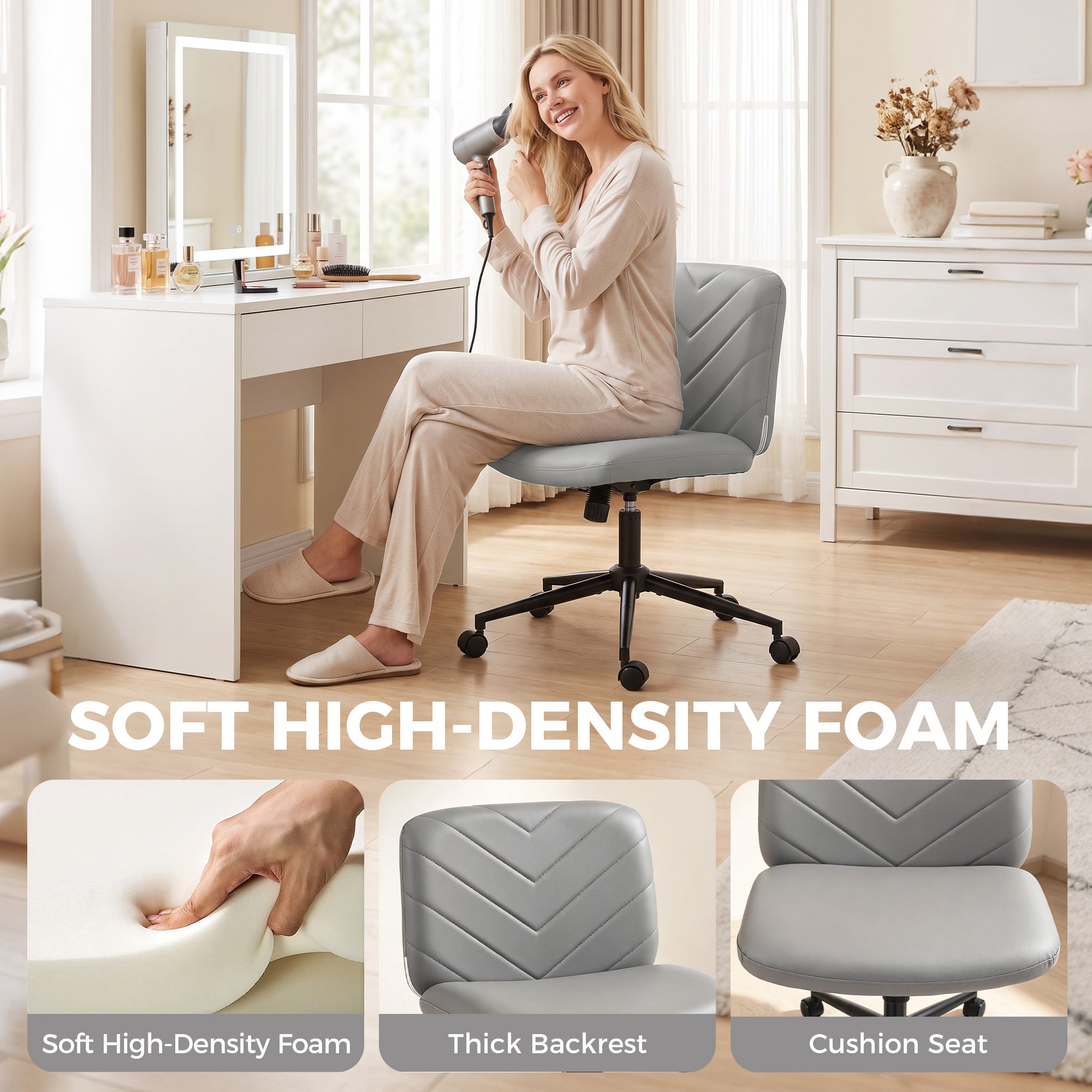 HOMCOM Home Office Desk Chair Height Adjustable Swivel Chair Cross Legged Wide Seat Swivel Wheels Grey