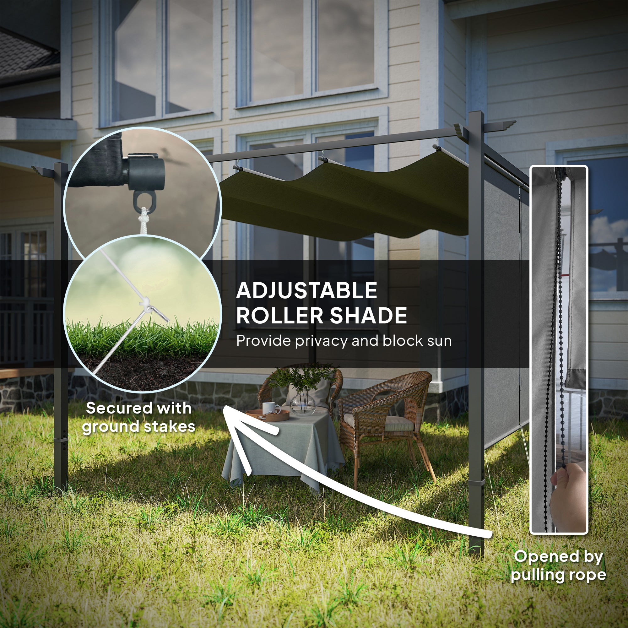 Outsunny 3 x 4m Metal Pergola with Retractable Roof and Roller Shade, Wall-Mounted or Free Standing Garden Gazebo Canopy Pergola Kit, UPF30+ Outdoor Sun Shade Shelter, Grey - North Peak Garden Furniture