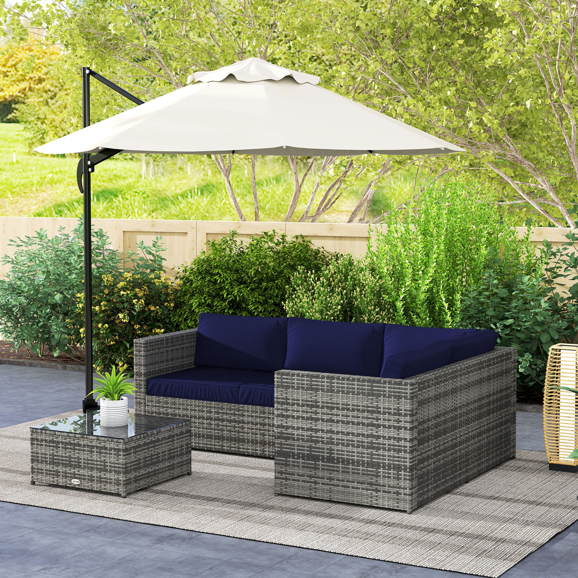 Outsunny 3 Pieces PE Rattan Garden Furniture Set with 10 cm Thick Cushions, 4 Seater Garden Corner Sofa Set with Glass Top Coffee Table, Outdoor Furniture for Patio, Porch, Blue - North Peak Garden Furniture