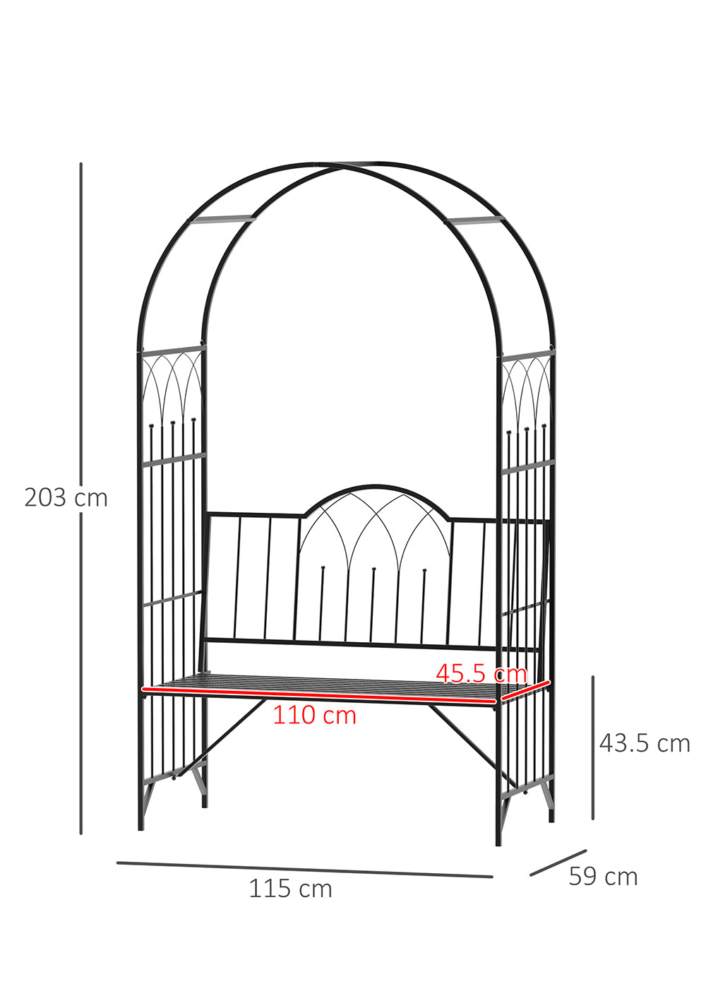 Outsunny Garden Metal Arch Bench Outdoor Patio Rose Trellis Arbour Pergola for Climbing Plant Antique Style 2-Seater Chair, Black