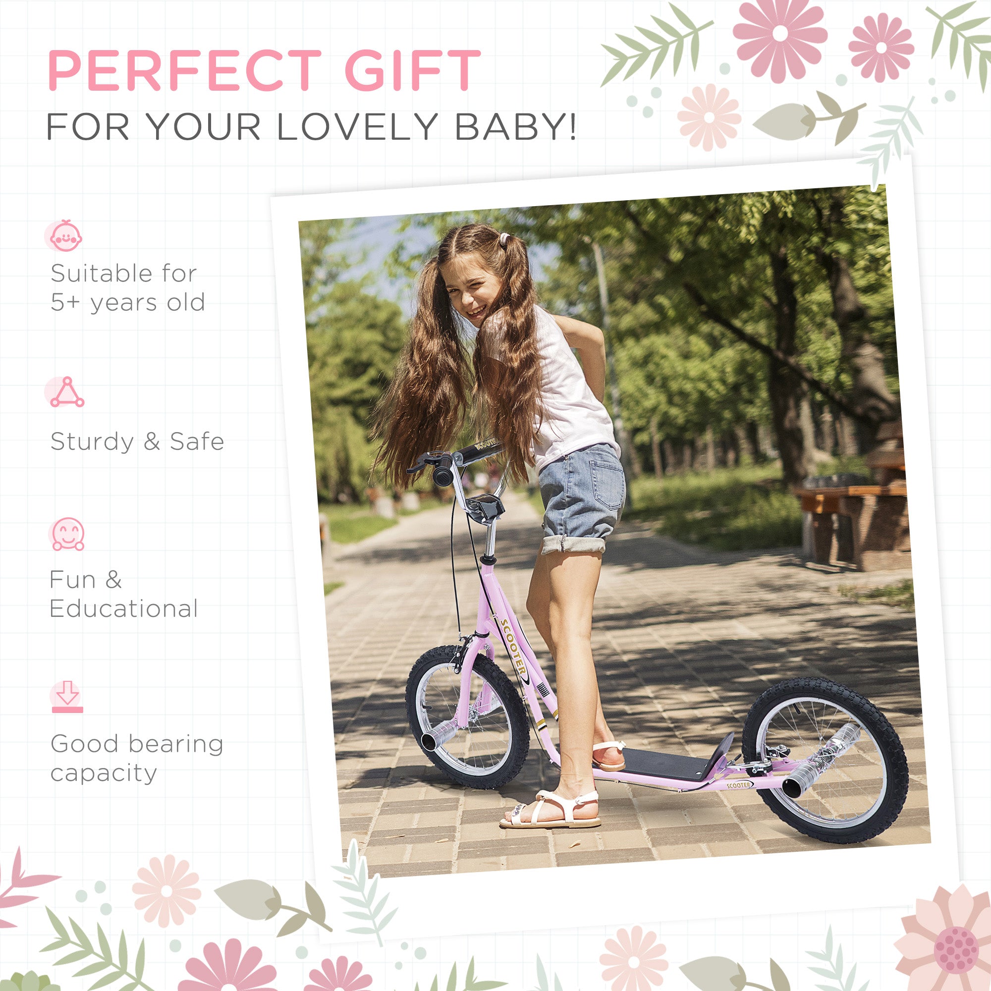 HOMCOM Kids Scooter Children Stunt Scooter for 5+ Years, Big Wheels Scooter with Adjustable Height Handlebar, Front Rear Dual Brakes, Pink - North Peak Garden Furniture