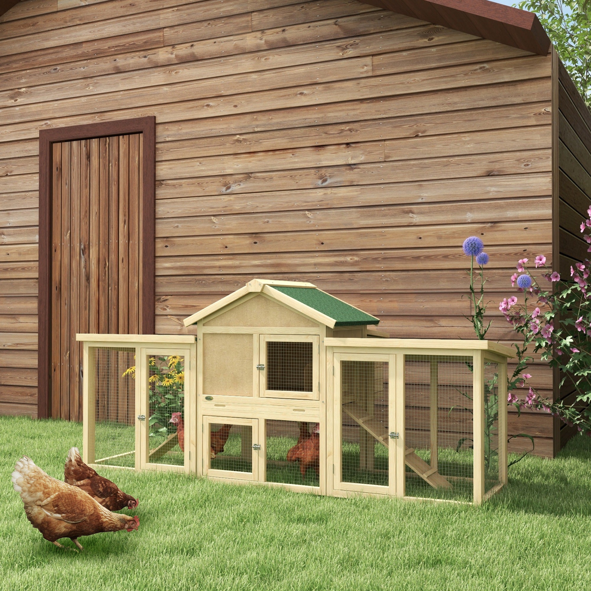 PawHut Large Chicken Coop with Run Backyard Hen House Poultry Coops Cages with Nesting Box Wooden 204 x 85 x 93cm - North Peak Garden Furniture