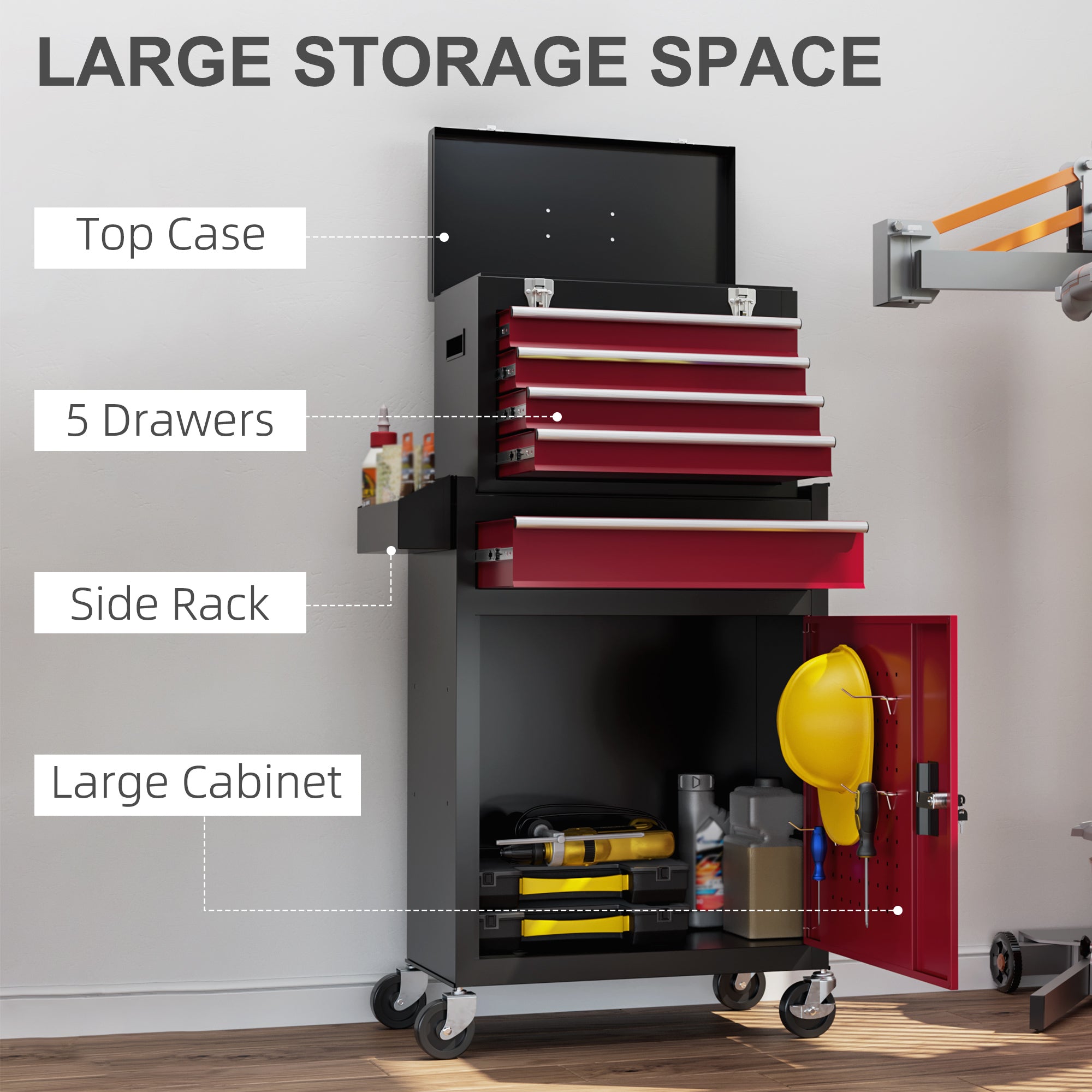 HOMCOM Two-Part Tool Storage Chest on Wheels - Black/Red - North Peak Garden Furniture