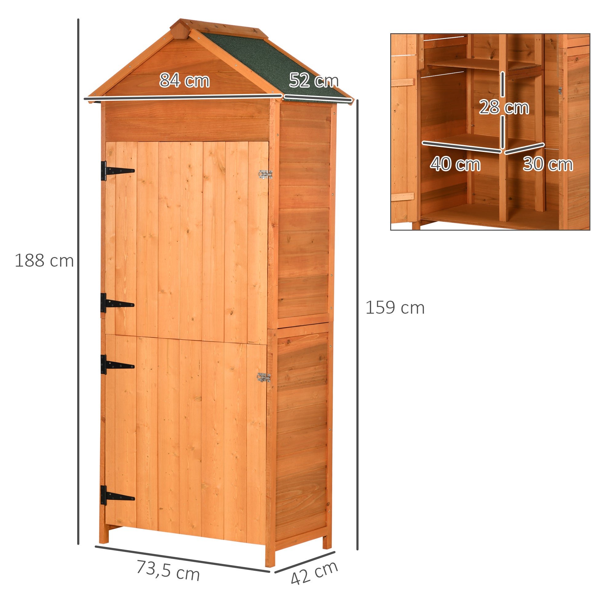 Outsunny Wooden Outdoor Storage Shed, Compact Utility Outdoor Tool Shed with Lockable Double Doors and Shelves, Orange - North Peak Garden Furniture