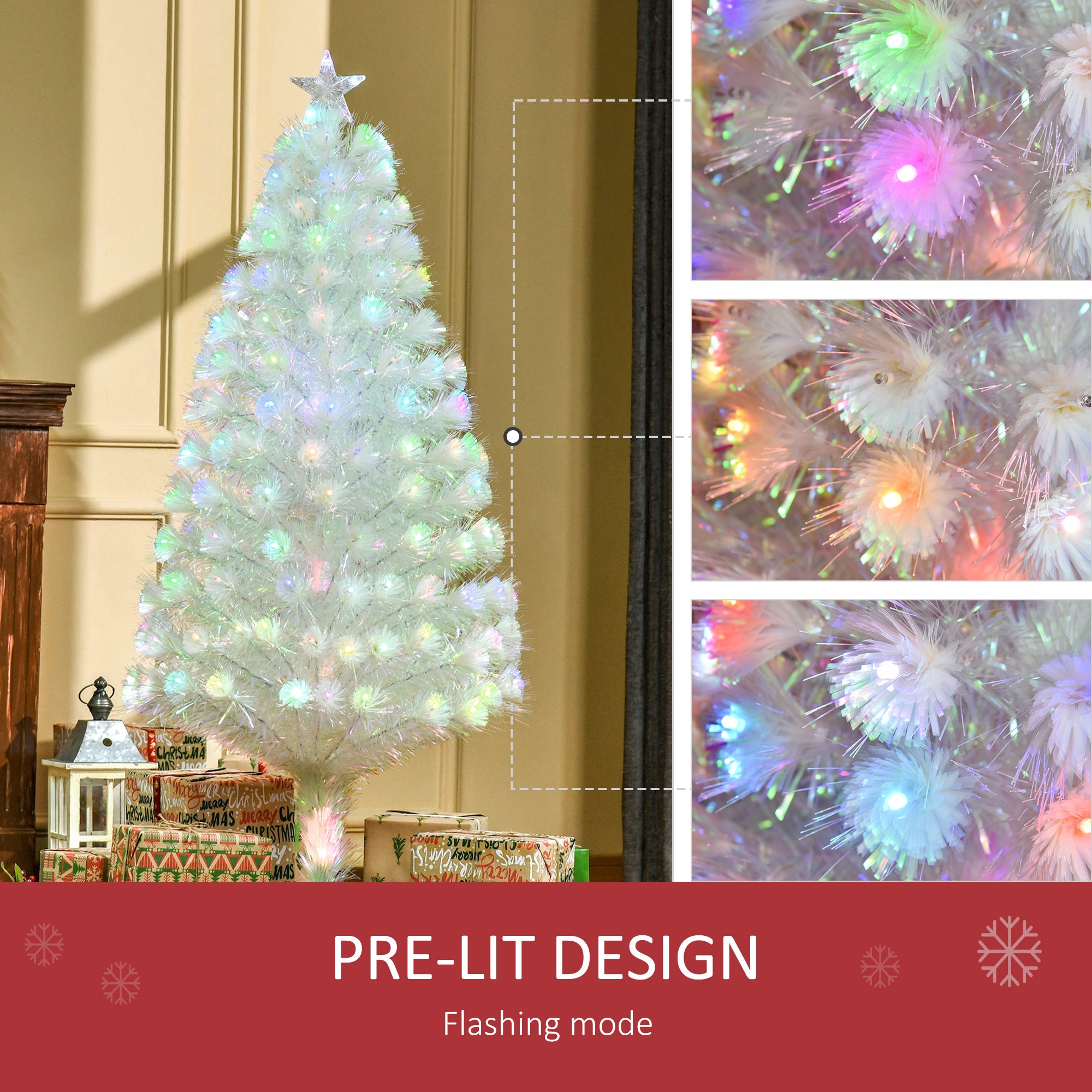 HOMCOM 5 Feet Prelit Artificial Christmas Tree with Fiber Optic LED Light, Holiday Home Xmas Decoration, White - North Peak Garden Furniture