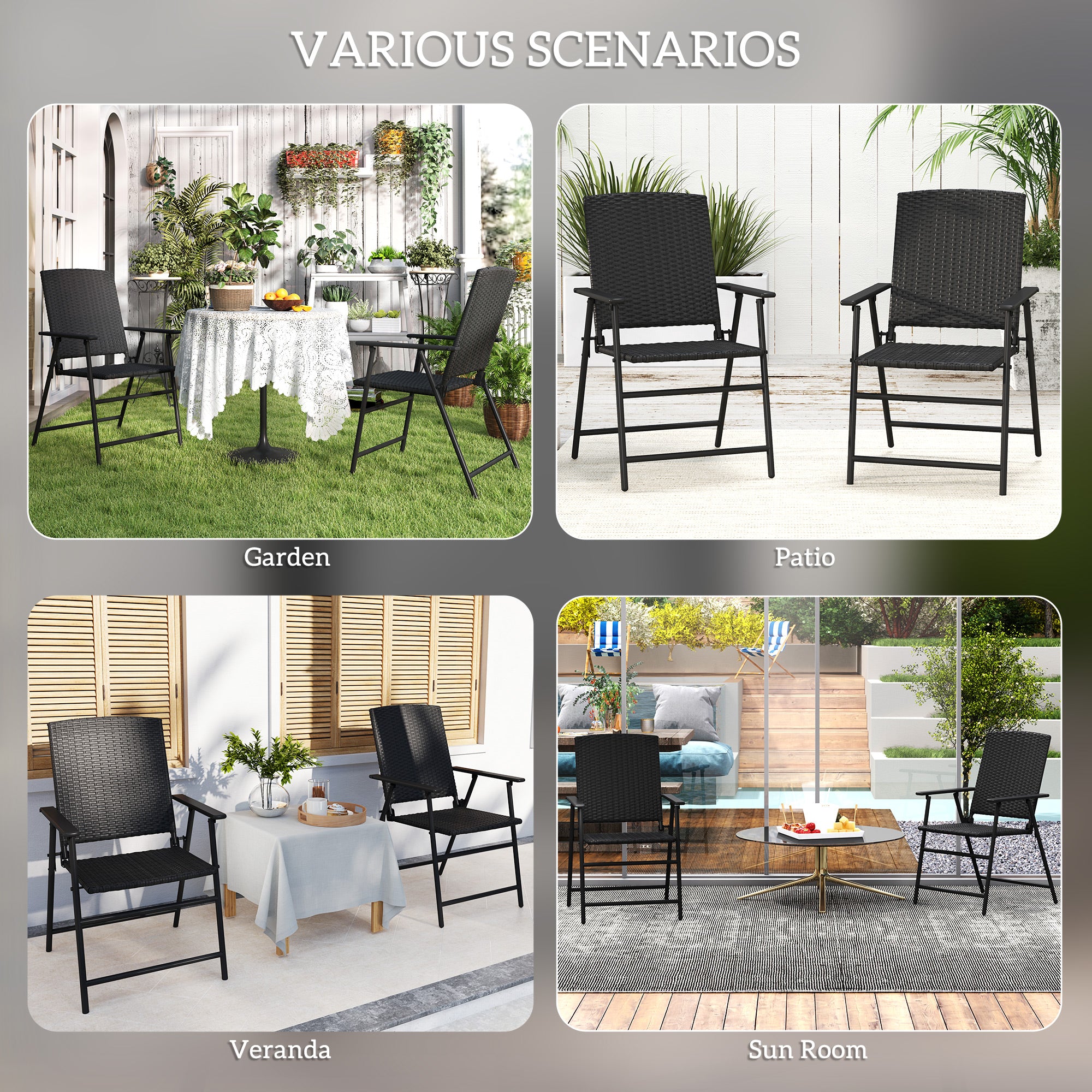 Outsunny Set of Two Folding Rattan Seat Chairs - Black - North Peak Garden Furniture