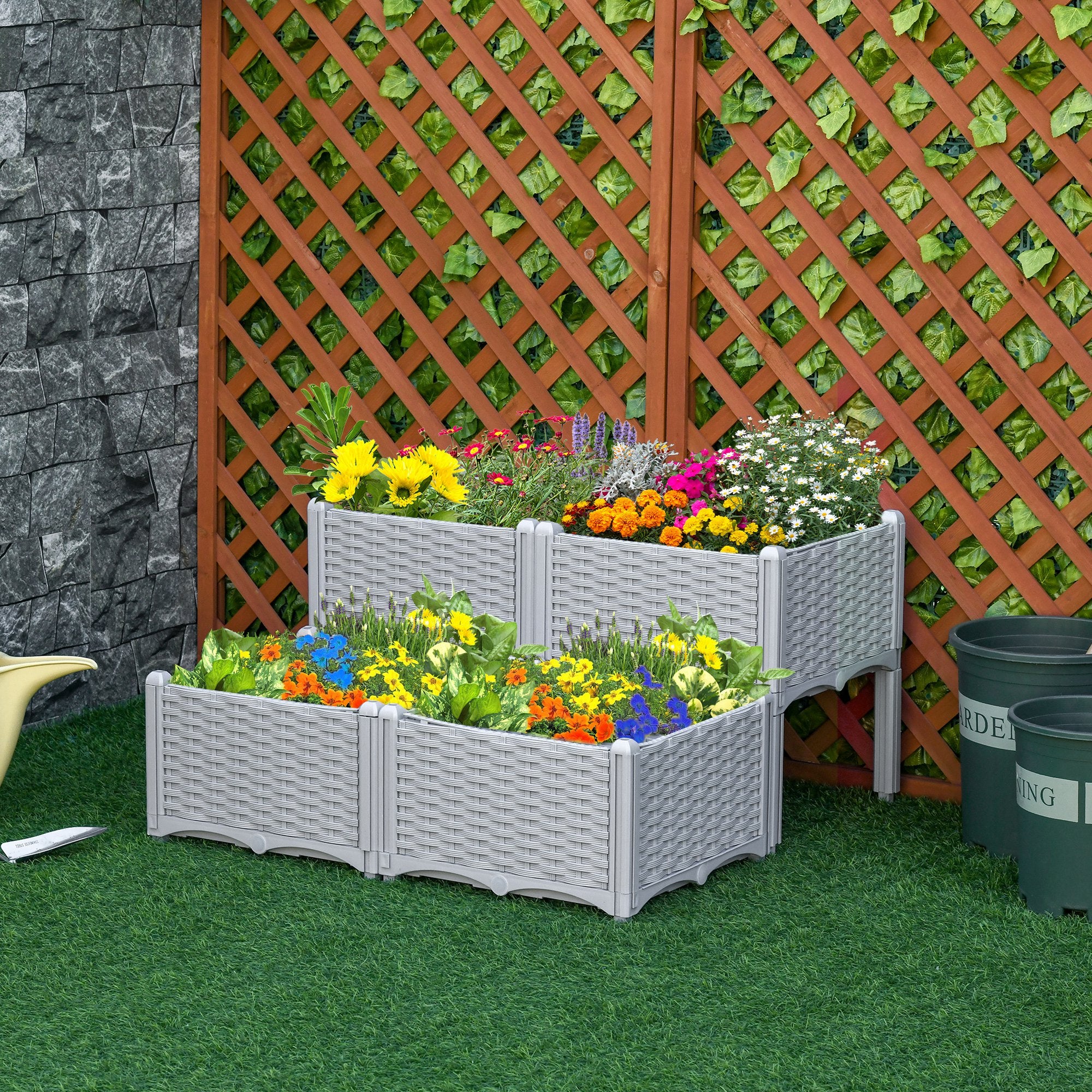 Outsunny 40cm x 40cm x 44cm 26L Set of 4 Garden Raised Bed Elevated Patio Flower Plant Planter Box PP Vegetables Planting Container, Grey - North Peak Garden Furniture