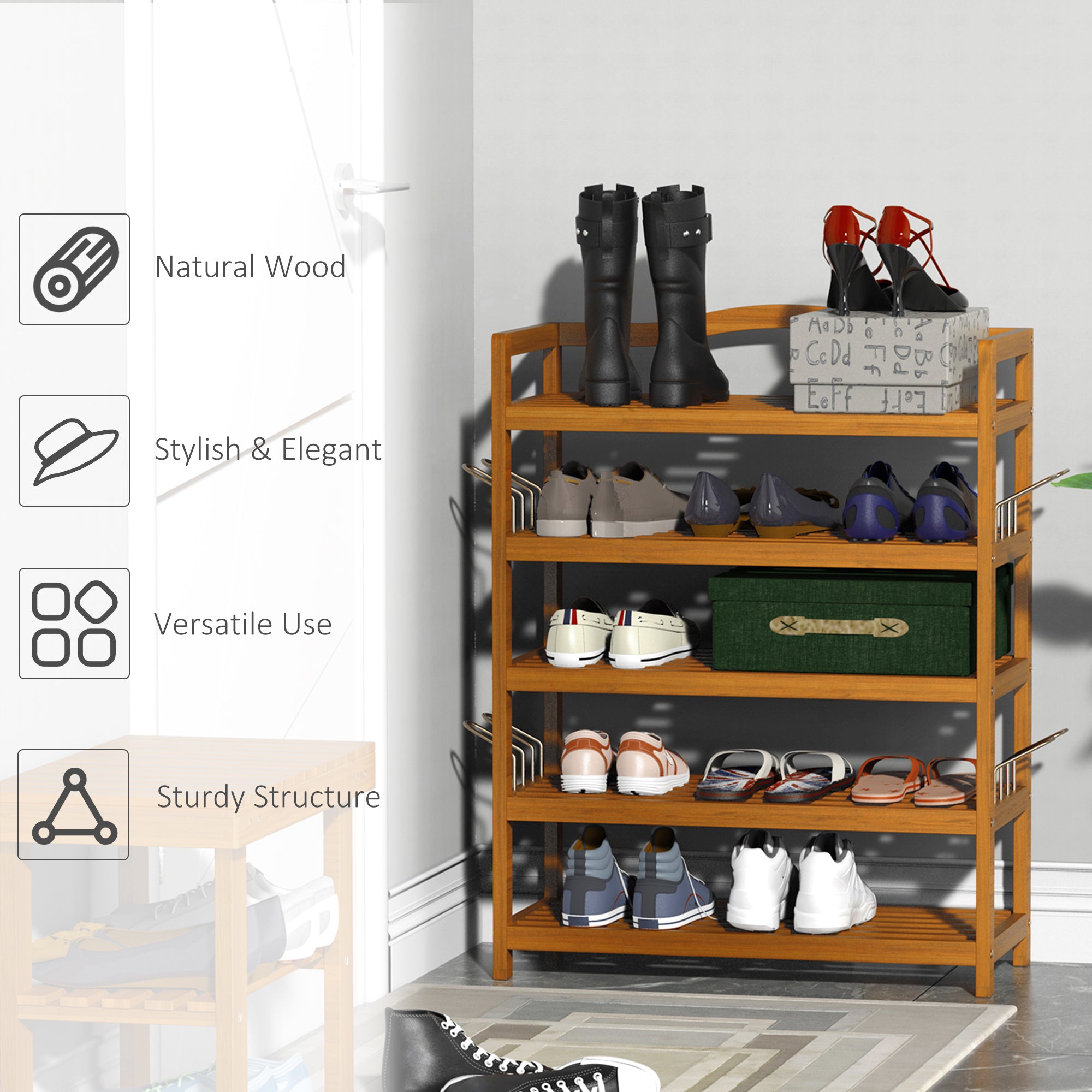 HOMCOM 5-Tier Shoe Rack, Acacia Wooden Shoe Storage Organiser with Hangers, Holds up to 24 Pairs, for Entryway, Living Room, 64 x 26 x 82 cm, Teak - North Peak Garden Furniture